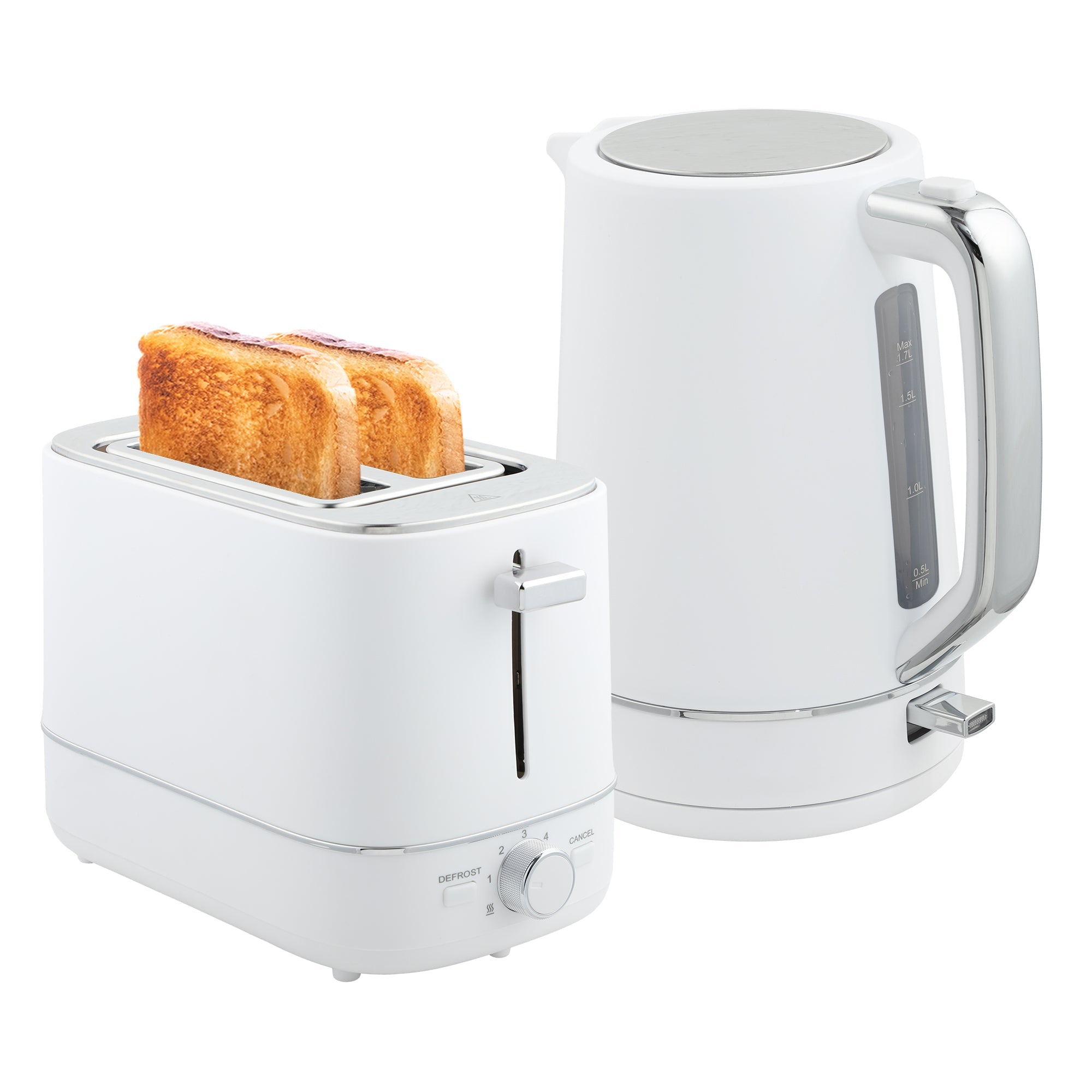 Kettle and Toaster Set, 1.7L 3000W Fast Boil Kettle & 2 Slice Toaster Kitchen Set with 6 Level Browning Controls, Defrost, Reheat, White-0