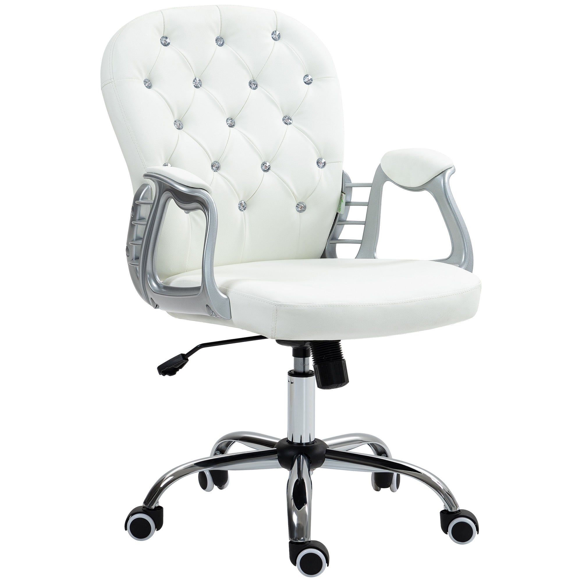 Office Chair Ergonomic 360° Swivel PU Diamante Padded Base 5 Castor Wheels for Home Work White-0