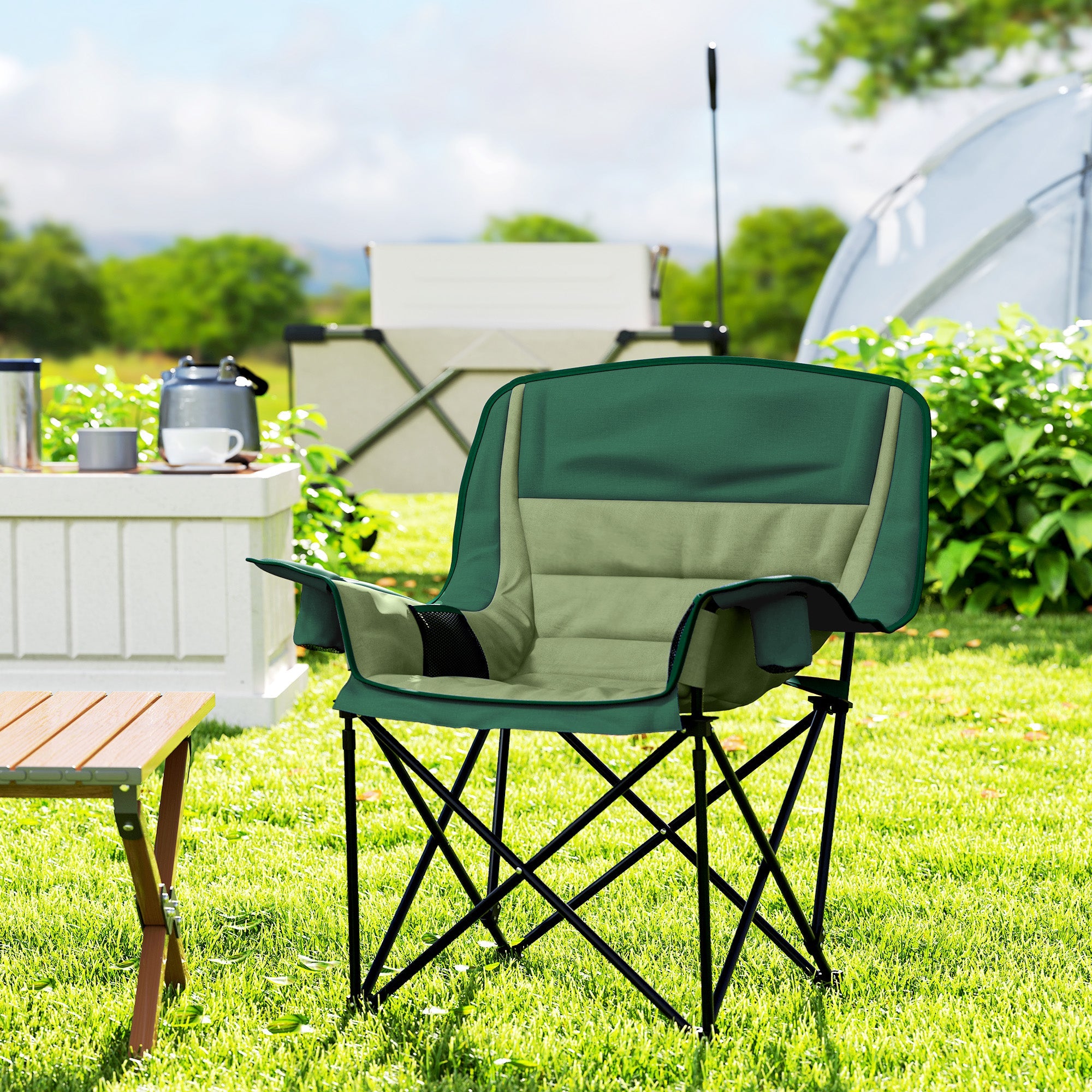 Comfortable Portable Padded Camping Chair with Cup Holders - Olive Green-1