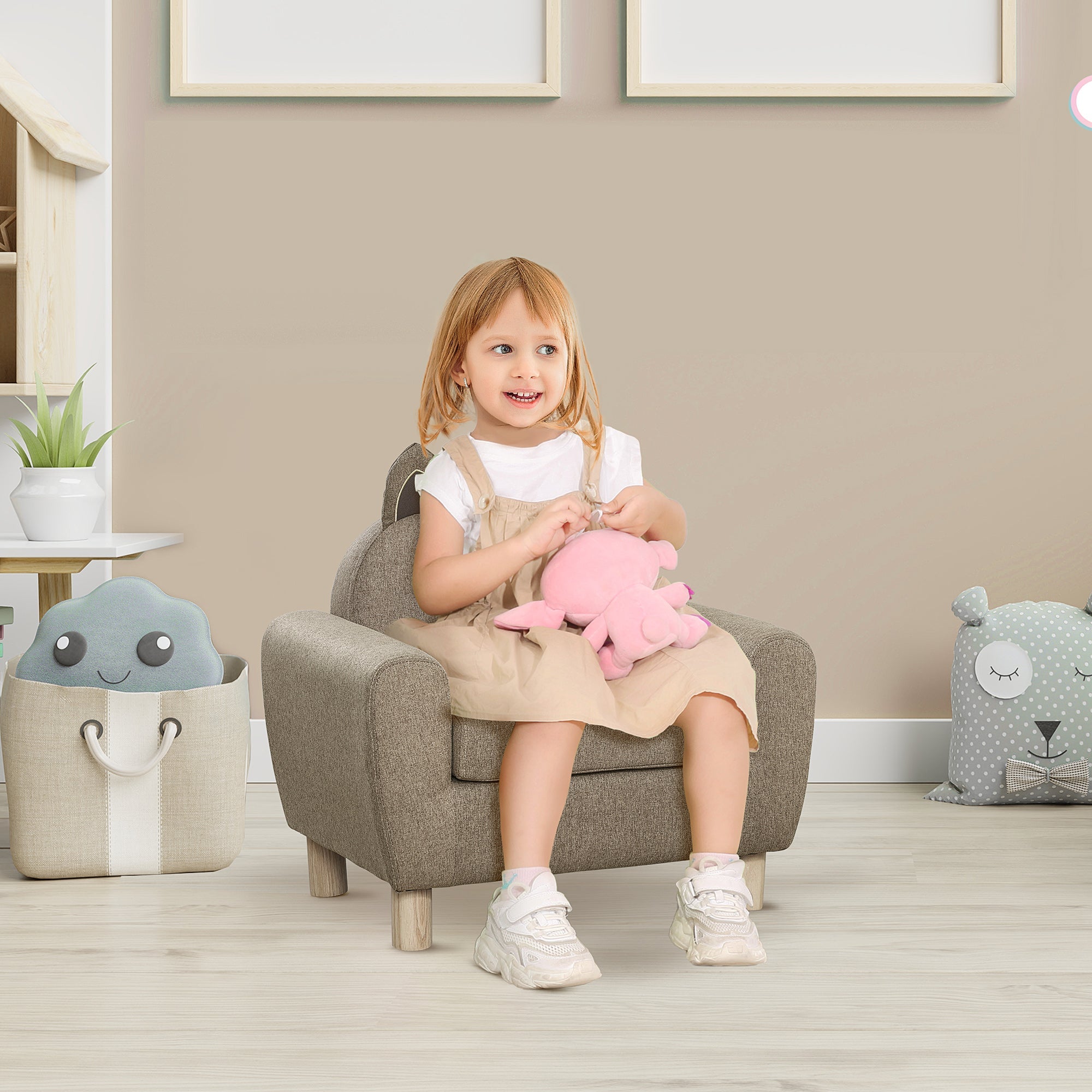 Kids Toddler Armchair Sofa with Storage Bag Brown Linen-1