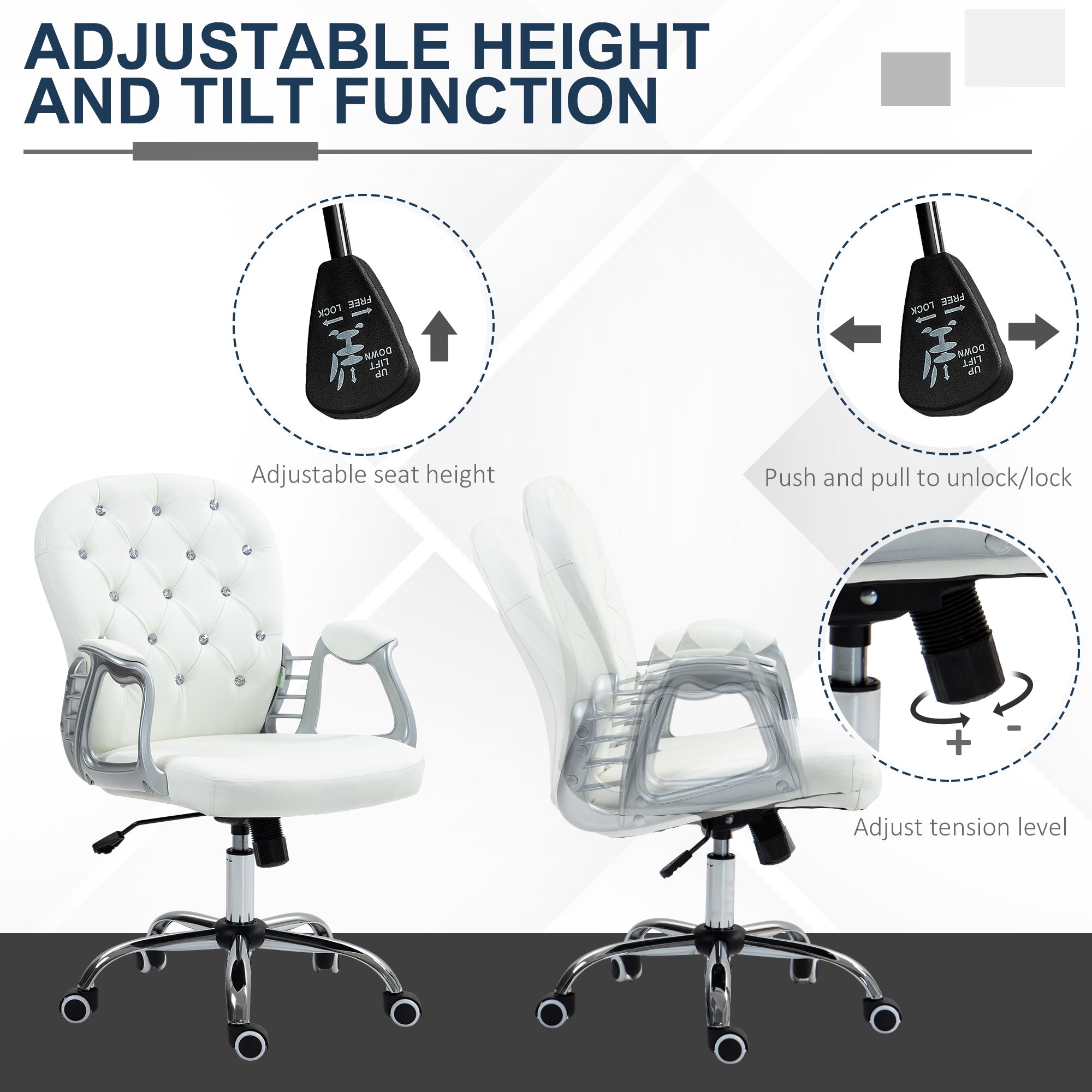 Office Chair Ergonomic 360° Swivel PU Diamante Padded Base 5 Castor Wheels for Home Work White-3