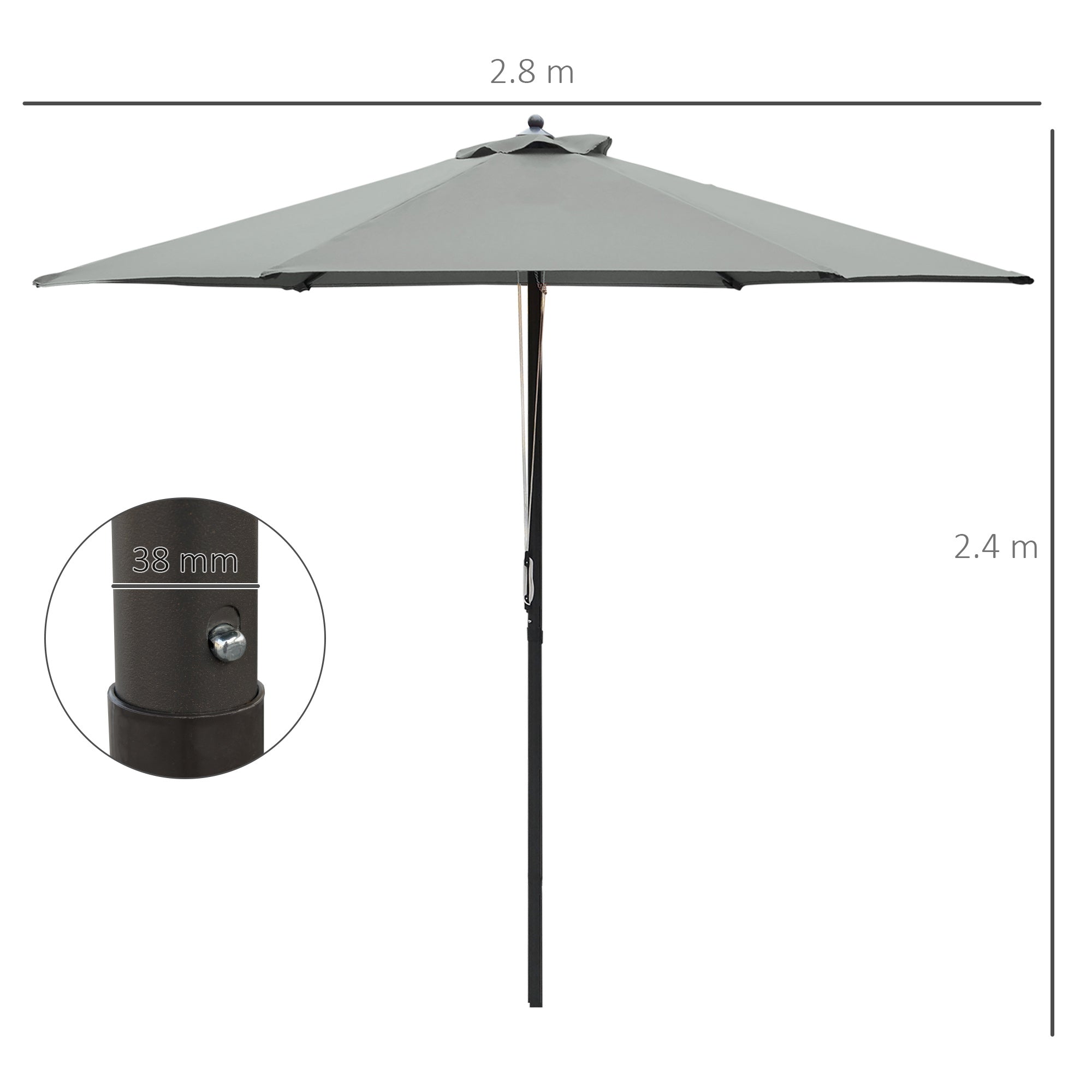 2.8m Patio Parasol with 6 Ribs UV Resistant Canopy - Dark Grey-2