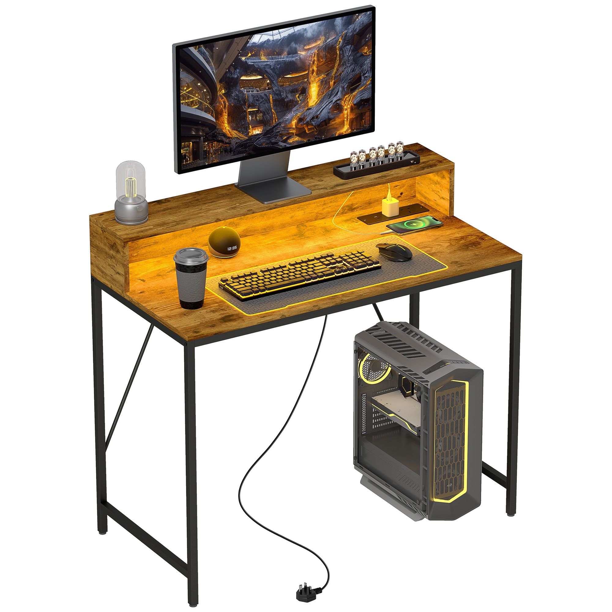 100cm Computer Desk with LED Lights and Power Outlets, Gaming Desk with Monitor Stand, Computer Table with Remote for Home Office Study, Rustic Brown-0