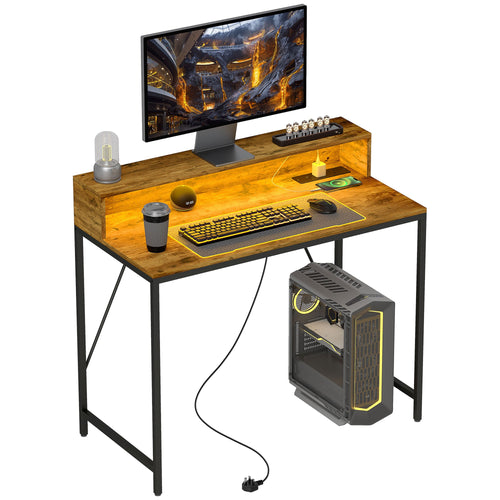 100cm Computer Desk with LED Lights and Power Outlets, Gaming Desk with Monitor Stand, Computer Table with Remote for Home Office Study, Rustic Brown-0