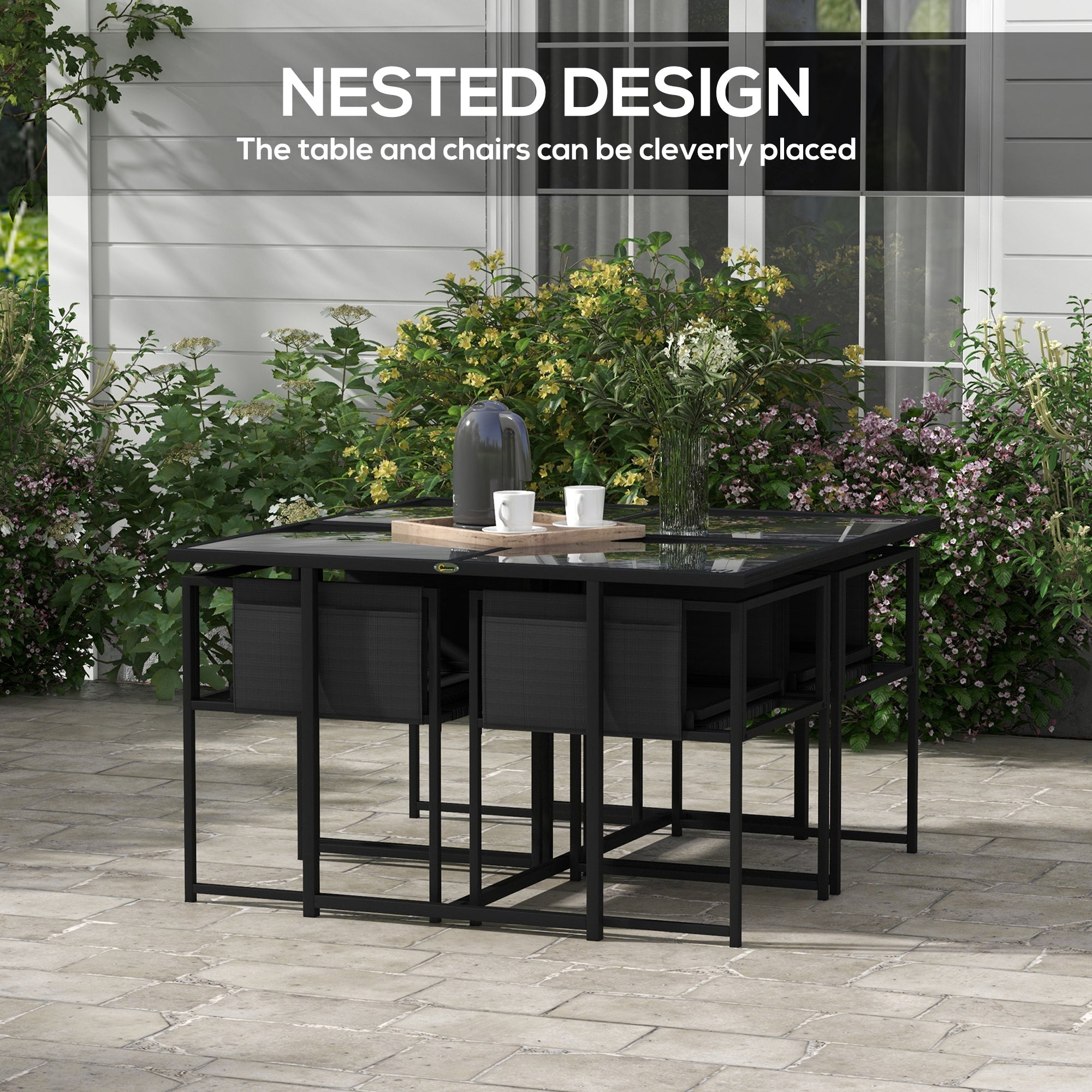 5 Piece Garden Dining Set with Breathable Mesh Seat, Adjustable Backrest, Tempered Glass Table Top for Patio, Black-3