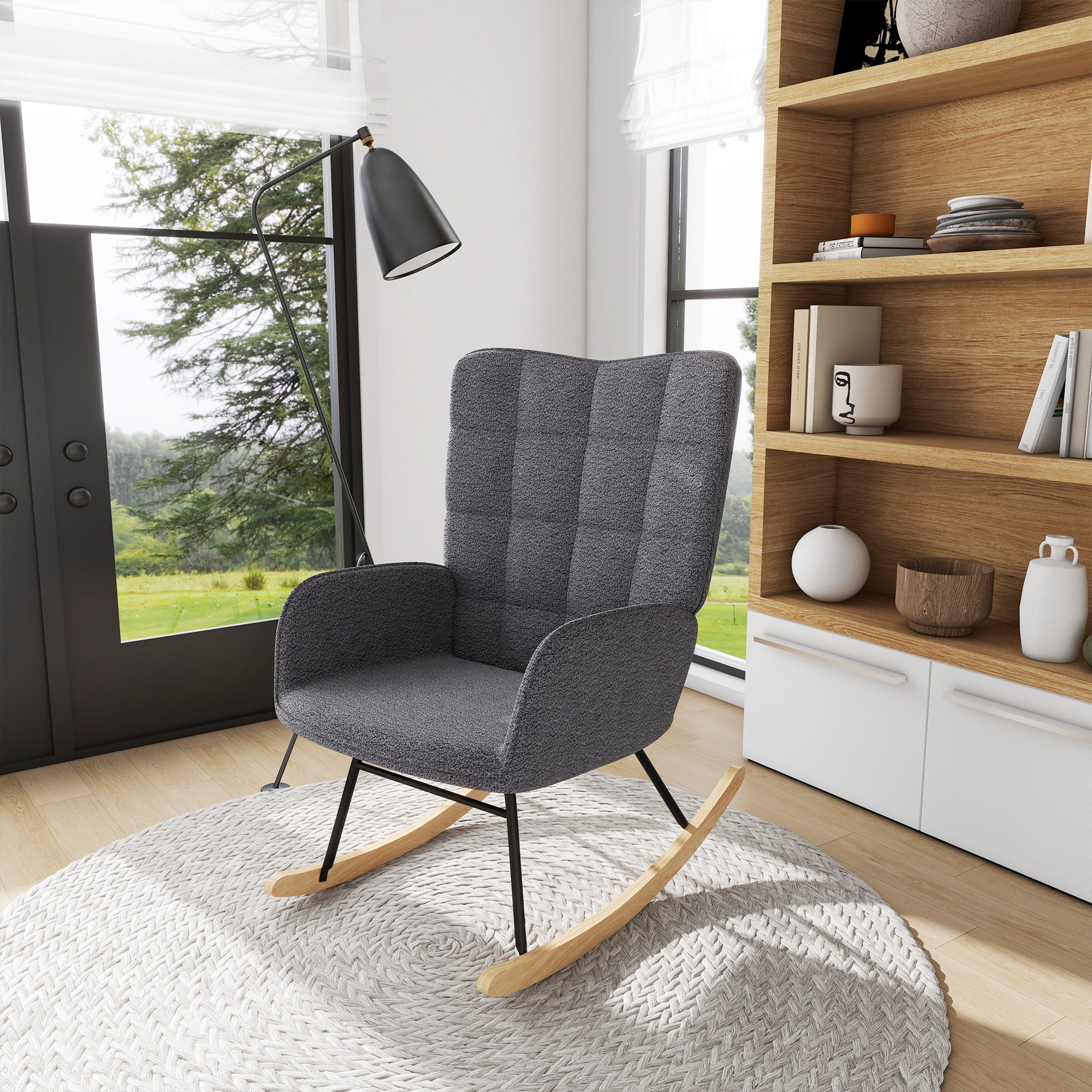Wingback Rocking Chair for Nursing, Berber Fleece Nursery Glider Rocker, Modern Armchair for Living Room, Dark Grey-1