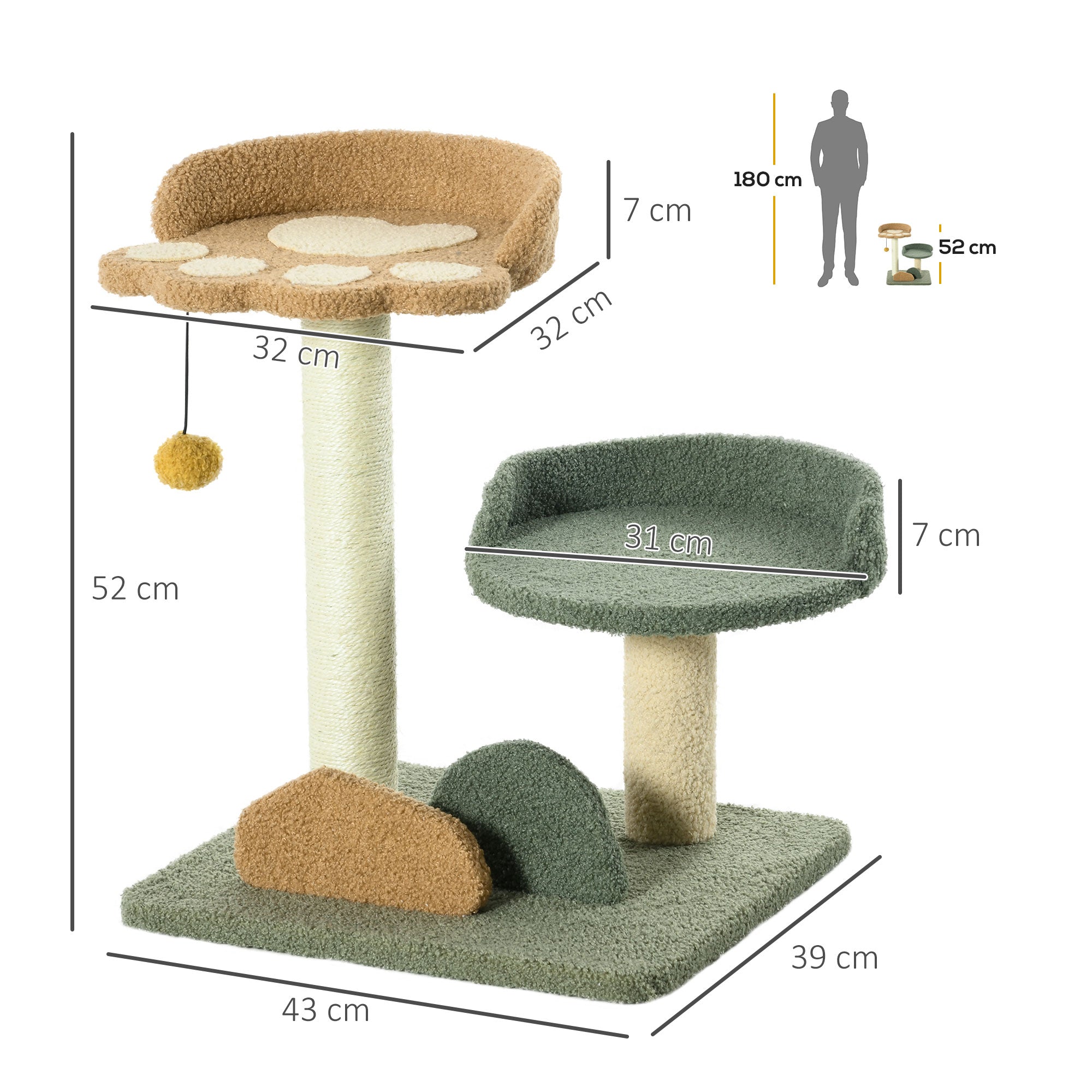 Small Cat Tree for Indoor Cats, Scratching Posts with 2 Beds, Toy Ball, 43 x 39 x 52cm-2
