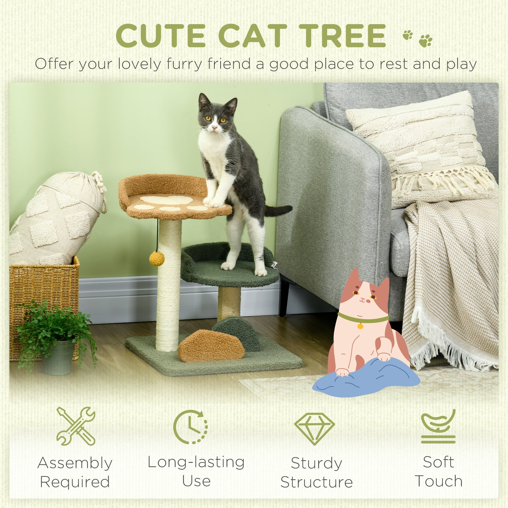 Small Cat Tree for Indoor Cats, Scratching Posts with 2 Beds, Toy Ball, 43 x 39 x 52cm-3