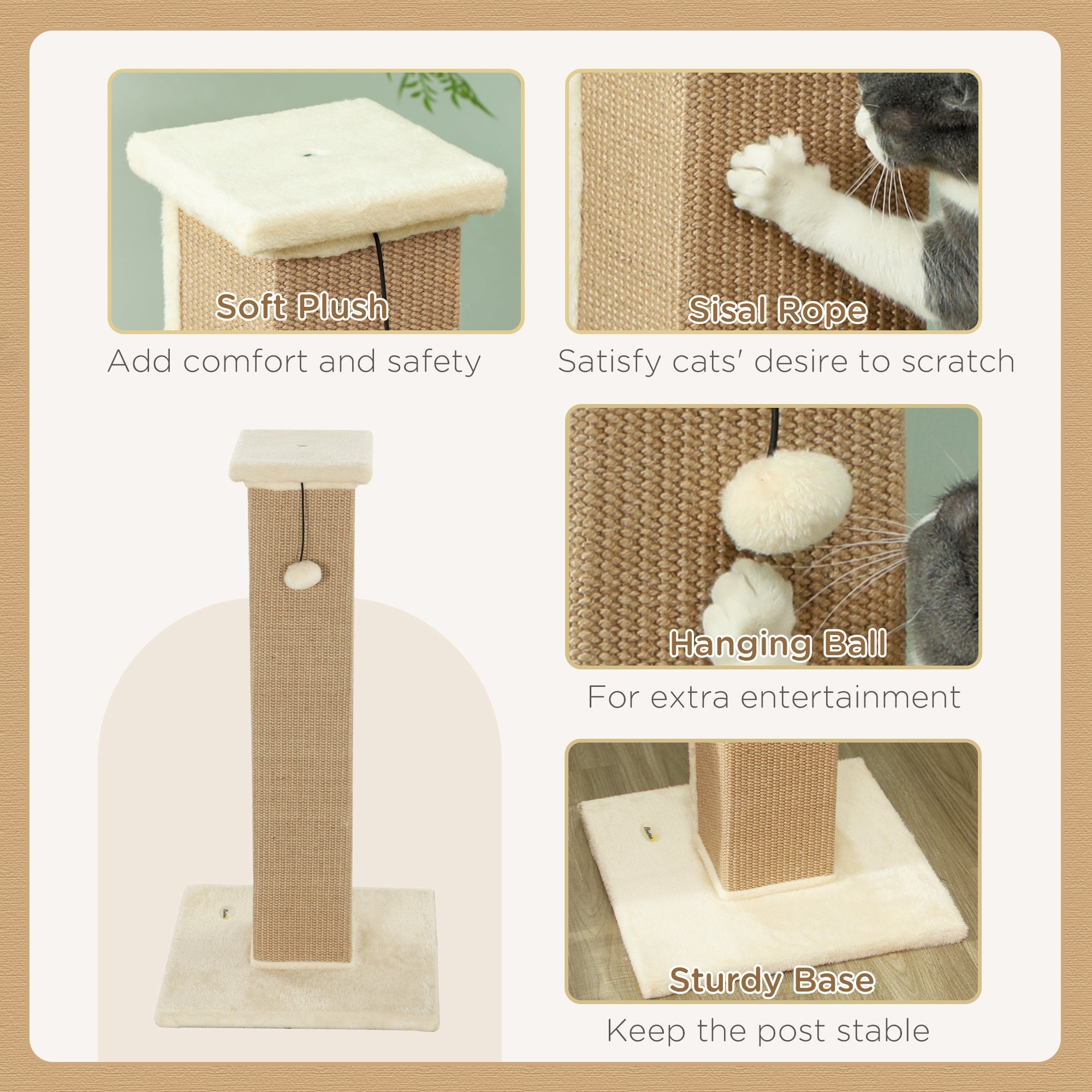 81cm Cat Scratcher, Vertical Full Scratcher w/ Natural Jute Rope, Hanging Ball, Soft Plush - Beige-4