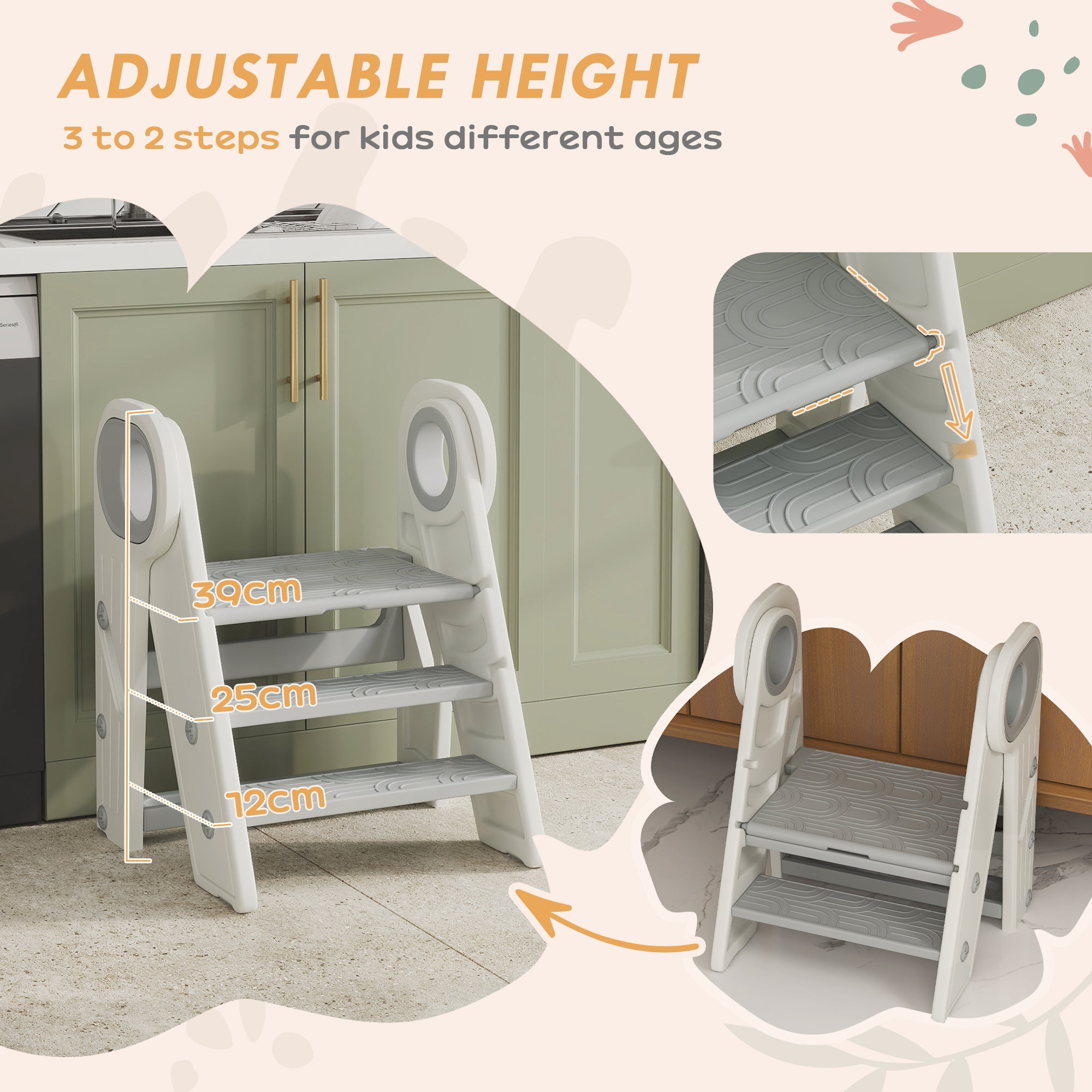 Foldable Adjustable Toddler Tower with Non-Slip Surface Grey-4