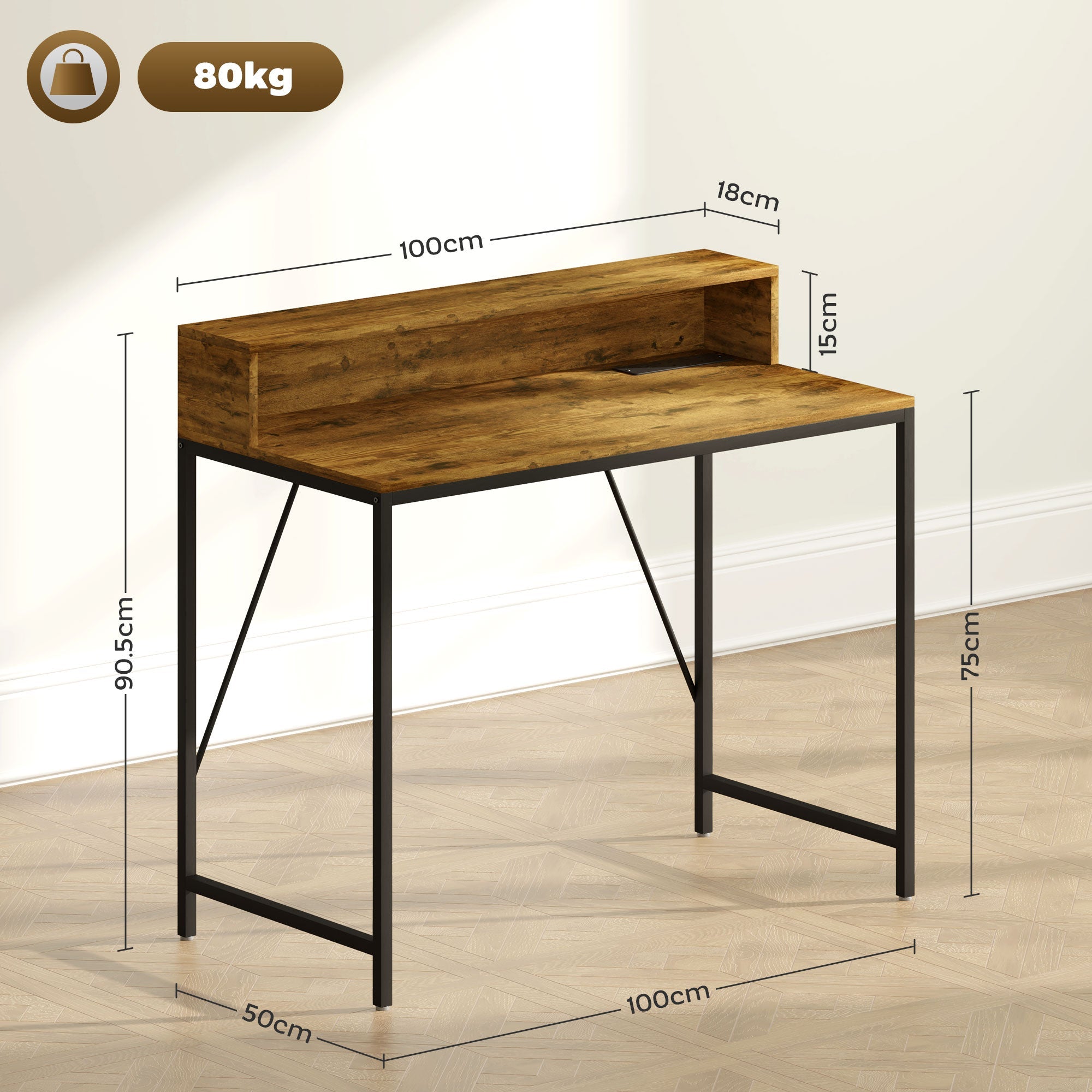 100cm Computer Desk with LED Lights and Power Outlets, Gaming Desk with Monitor Stand, Computer Table with Remote for Home Office Study, Rustic Brown-2