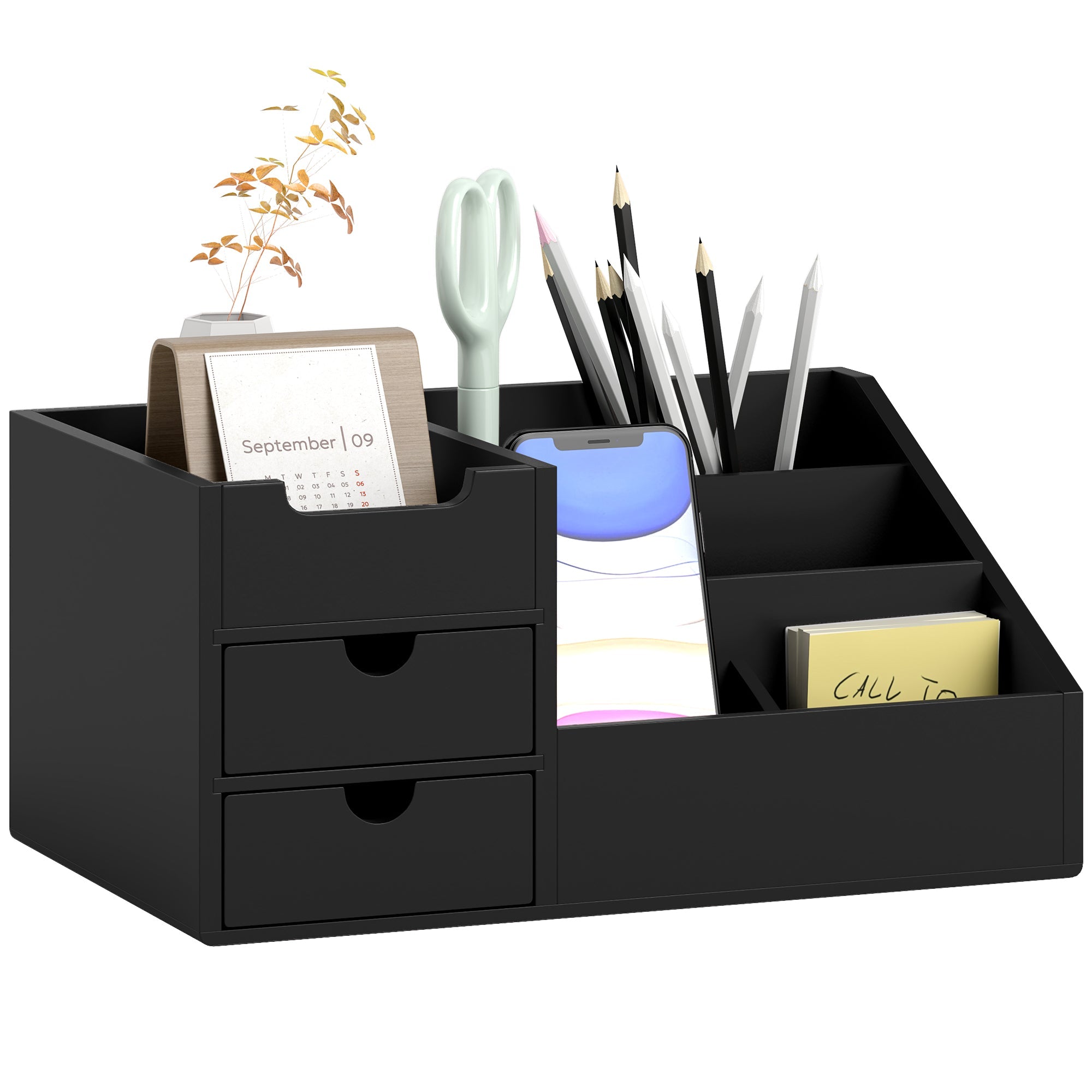Desk Organiser Holder, Bamboo Multi-Function Storage Caddy with 7 Storage Compartments and 2 Drawers for Home Office Stationary Supplies, Black-0