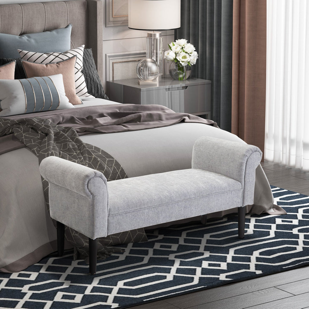 Bed End Side Chaise Lounge Sofa Window Seat Arm Bench Wooden Leg Linen Fabric Cover Light Grey-1