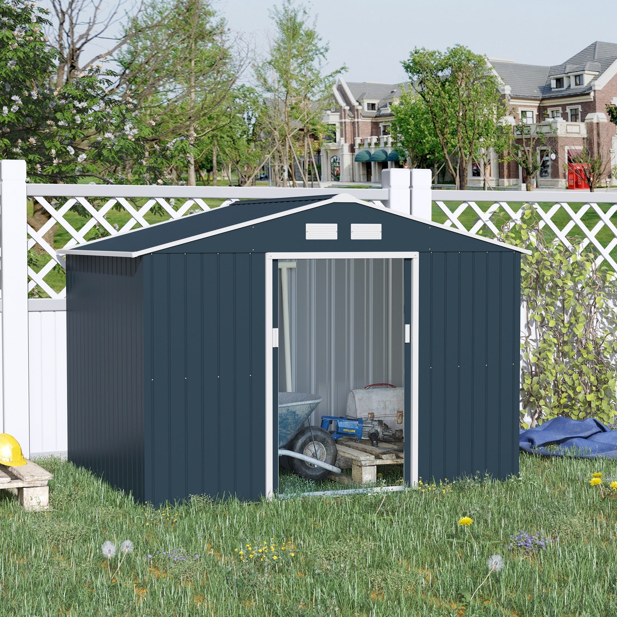 9 x 6ft Metal Outdoor Garden Storage Shed with Ventilation Dark Grey-1