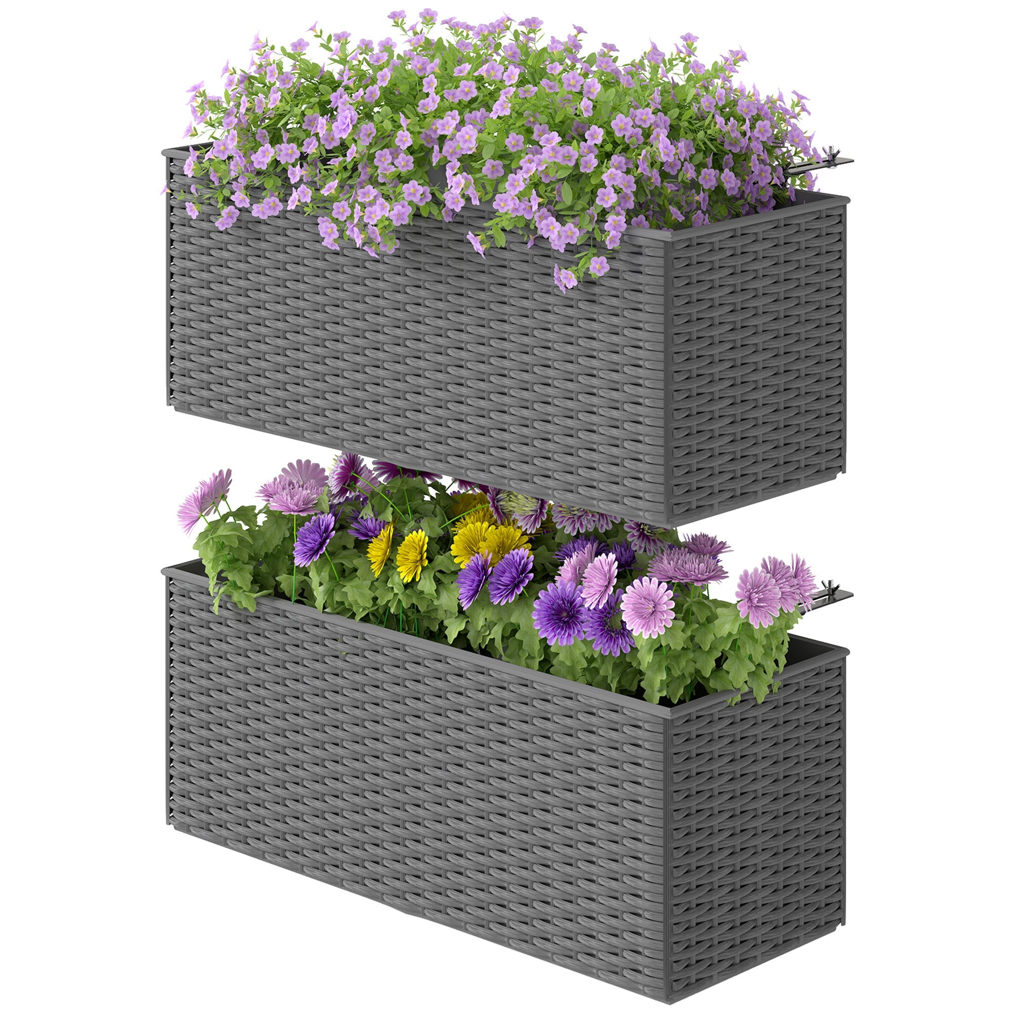 Set of Two Rattan Effect Raised Garden Planters with Hooks - Grey-0