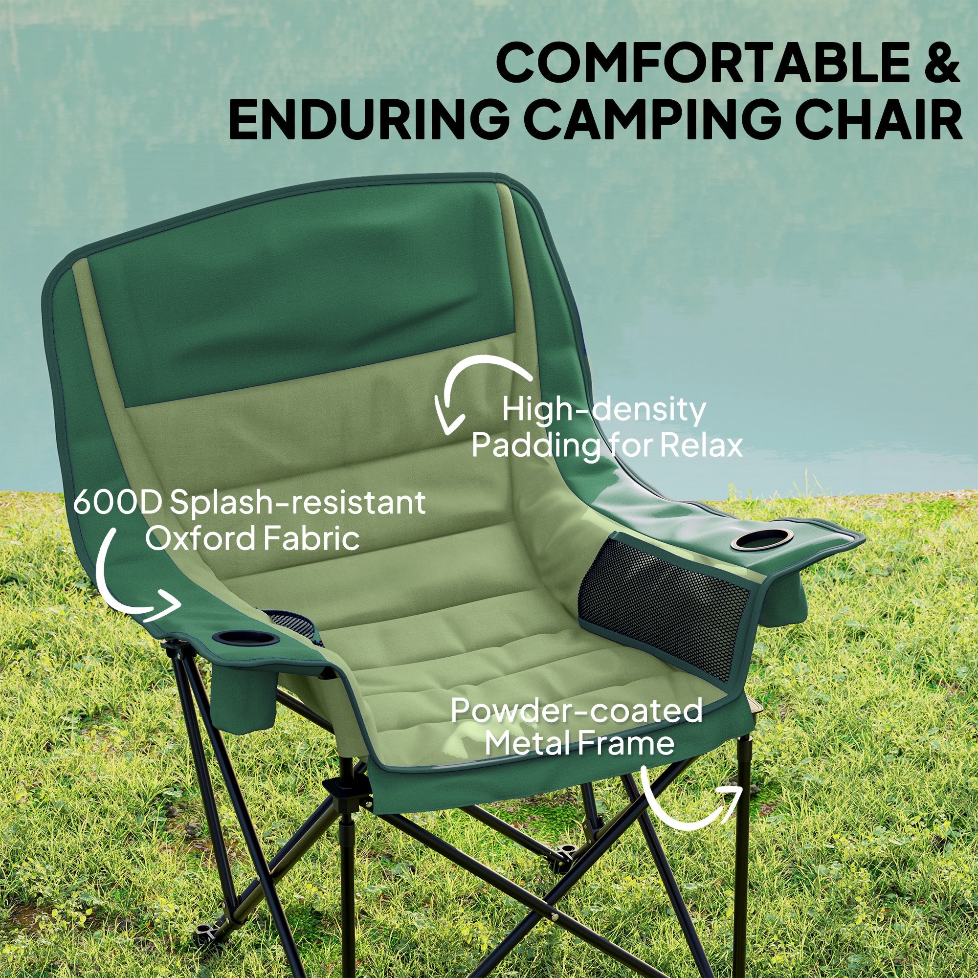 Comfortable Portable Padded Camping Chair with Cup Holders - Olive Green-3