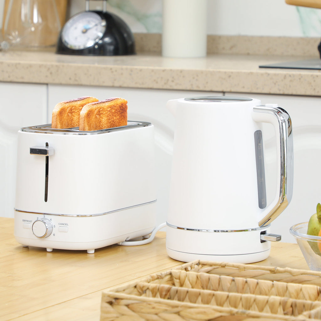 Kettle and Toaster Set, 1.7L 3000W Fast Boil Kettle & 2 Slice Toaster Kitchen Set with 6 Level Browning Controls, Defrost, Reheat, White-1