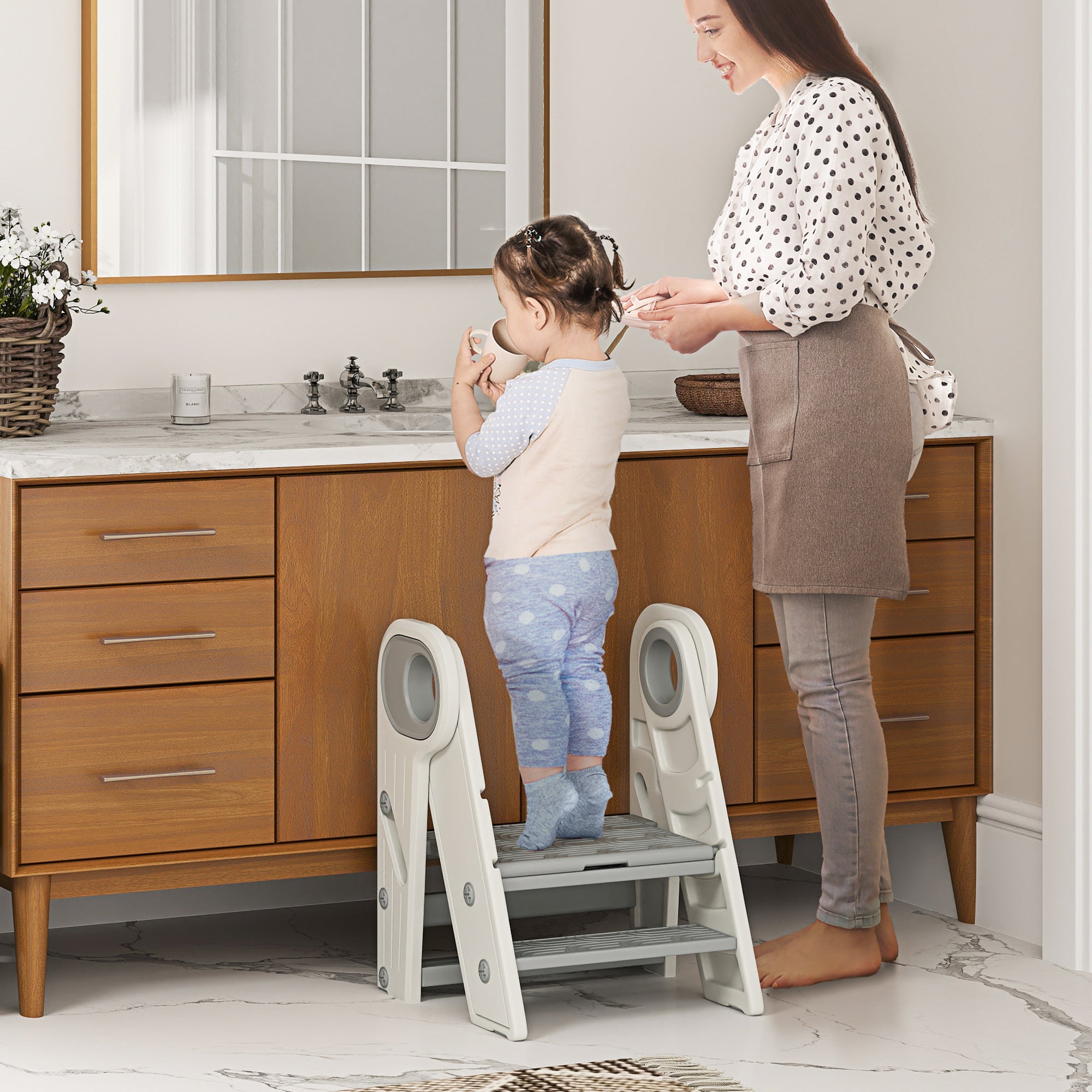 Foldable Adjustable Toddler Tower with Non-Slip Surface Grey-1