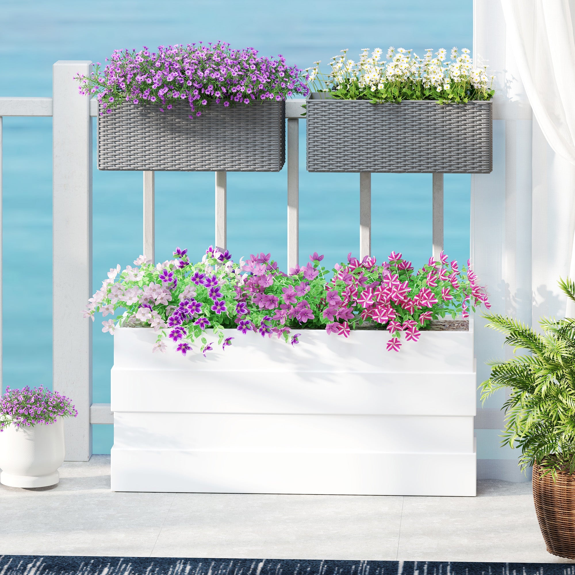 Set of Two Rattan Effect Raised Garden Planters with Hooks - Grey-1