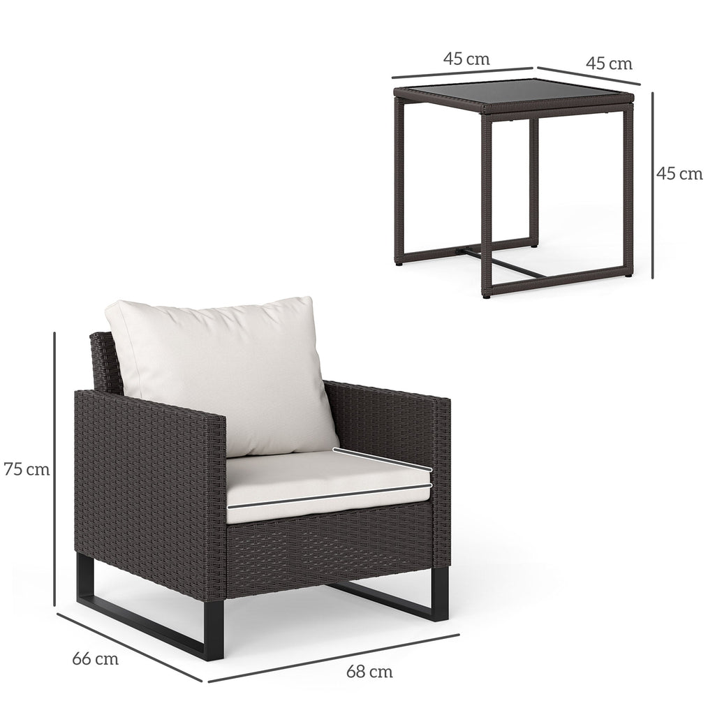 3 Piece Rattan Bistro Set with Cushions and Glass Table - Brown-2
