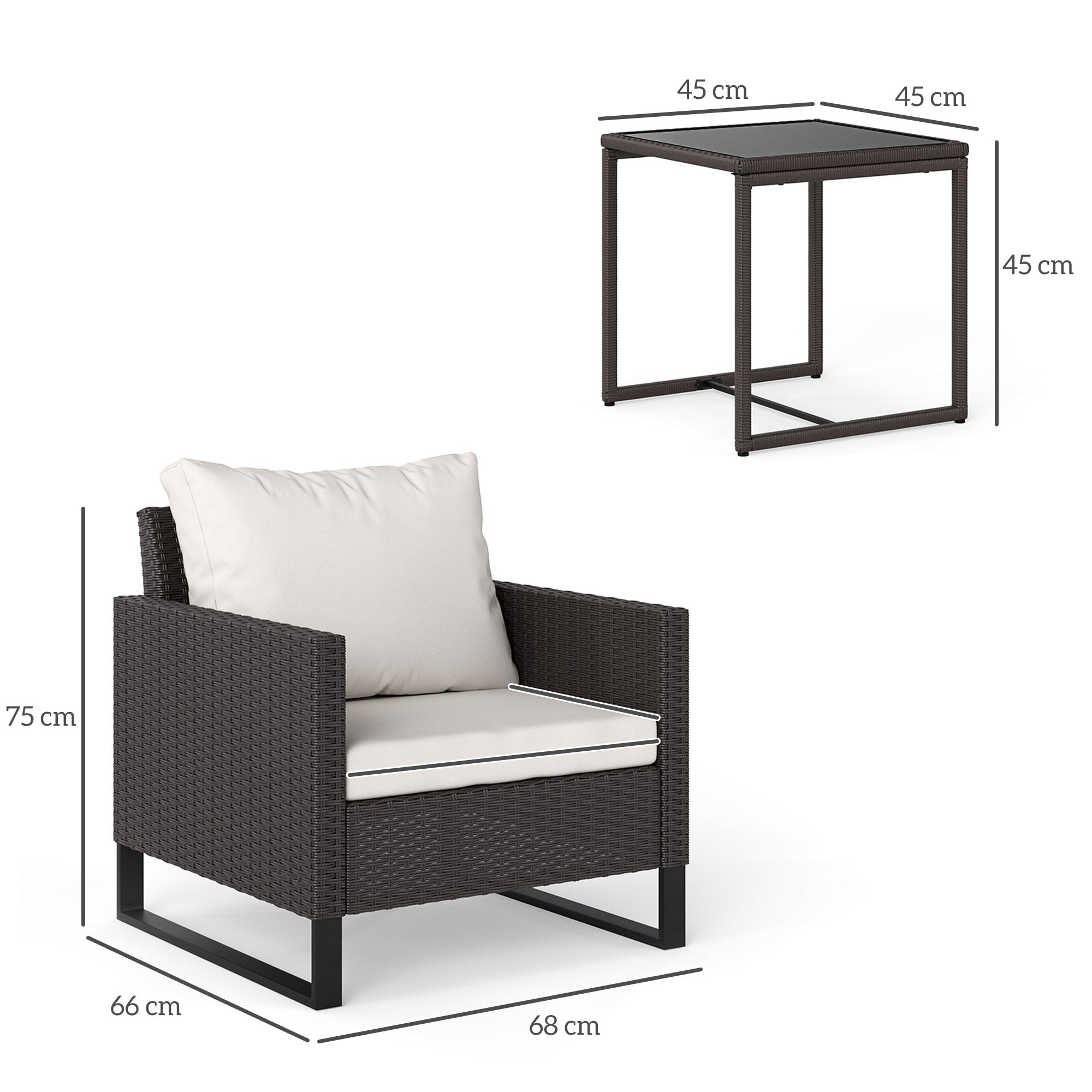 3 Piece Rattan Bistro Set with Cushions and Glass Table - Brown-2
