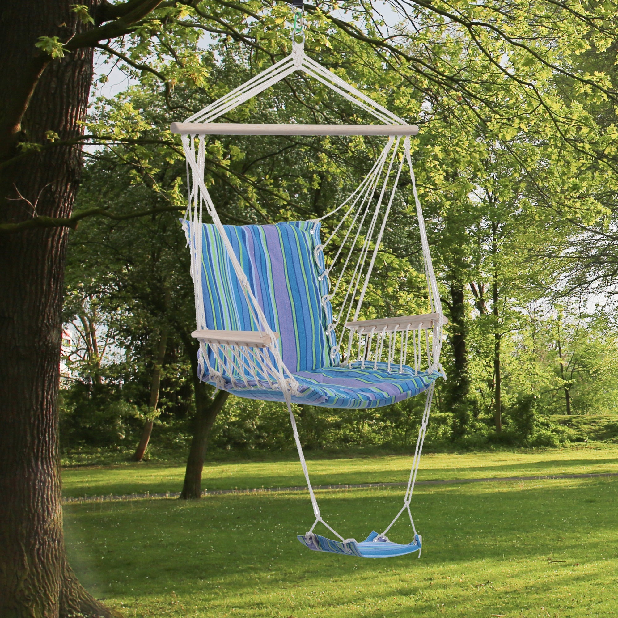 Outdoor Hammock Hanging Rope Chair with Footrest and Armrest - Blue Cotton-1