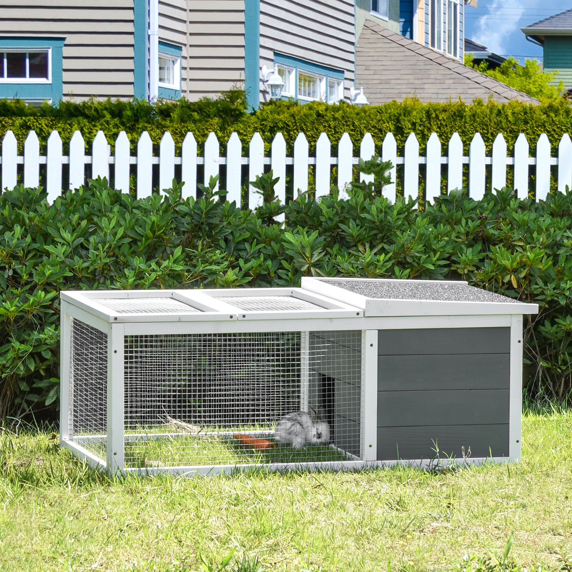 Indoor Outdoor Wooden Rabbit Hutch Small Animal Cage Pet Run Cover, with UV-resistant Asphalt roof and Water-repellent Paint-1