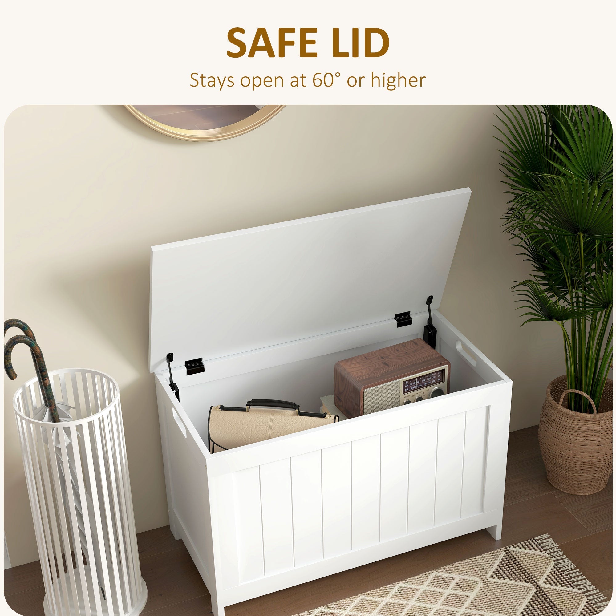Storage Chest, Modern Storage Trunk with 2 Safety Hinges and Cut-out Handles, Wooden Toy Box for Living Room, Entryway, 76 x 40 x 48 cm, White-3