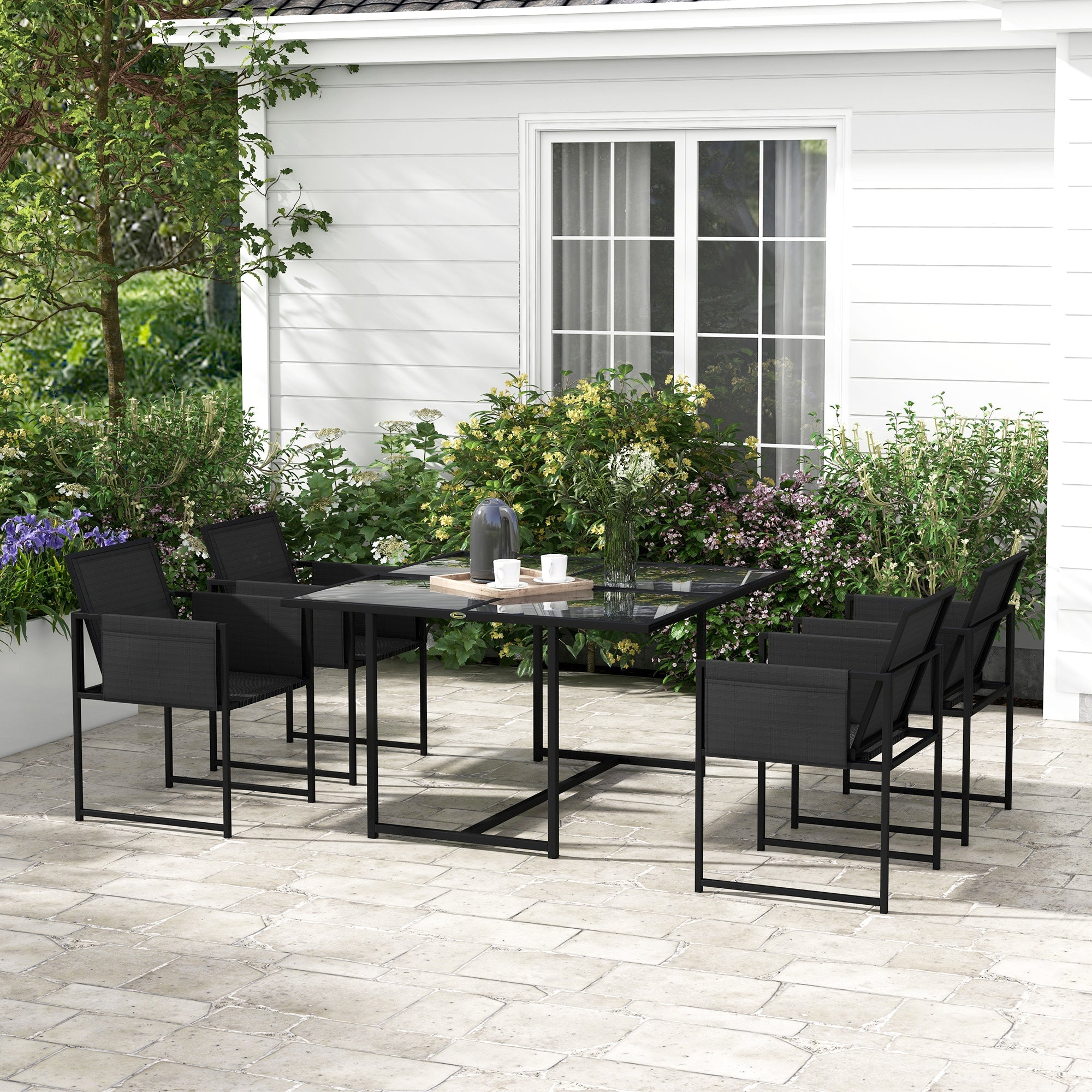5 Piece Garden Dining Set with Breathable Mesh Seat, Adjustable Backrest, Tempered Glass Table Top for Patio, Black-1