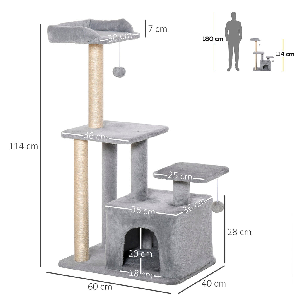 Cat tree Tower 114cm Climbing Activity Centre Kitten with Sisal Scratching Post Perch Hanging Ball Condo Toy Light Grey-2