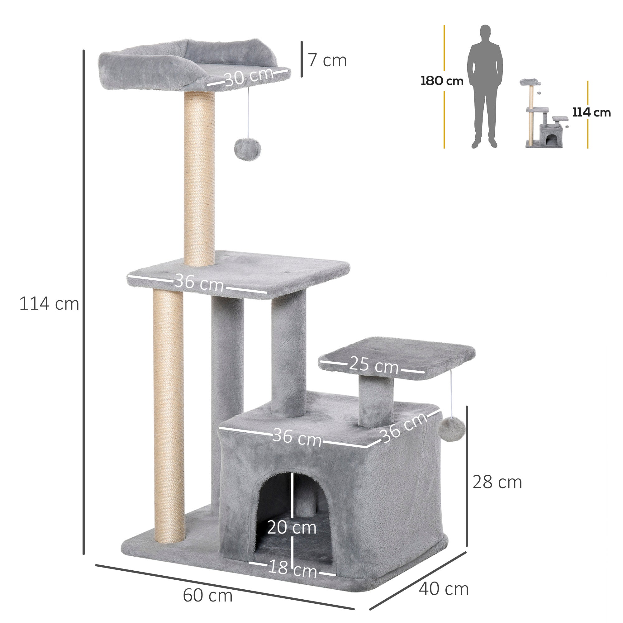 Cat tree Tower 114cm Climbing Activity Centre Kitten with Sisal Scratching Post Perch Hanging Ball Condo Toy Light Grey-2
