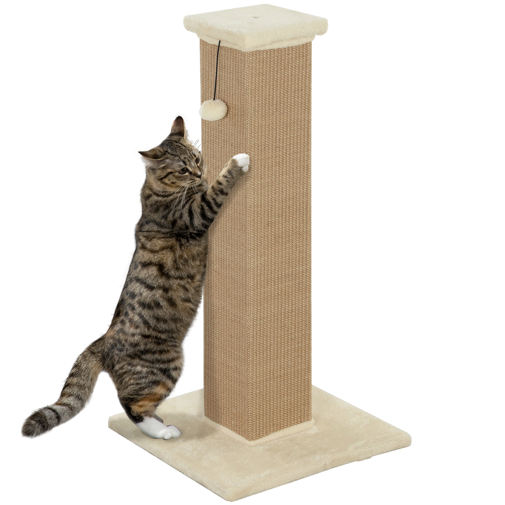 81cm Cat Scratcher, Vertical Full Scratcher w/ Natural Jute Rope, Hanging Ball, Soft Plush - Beige-0