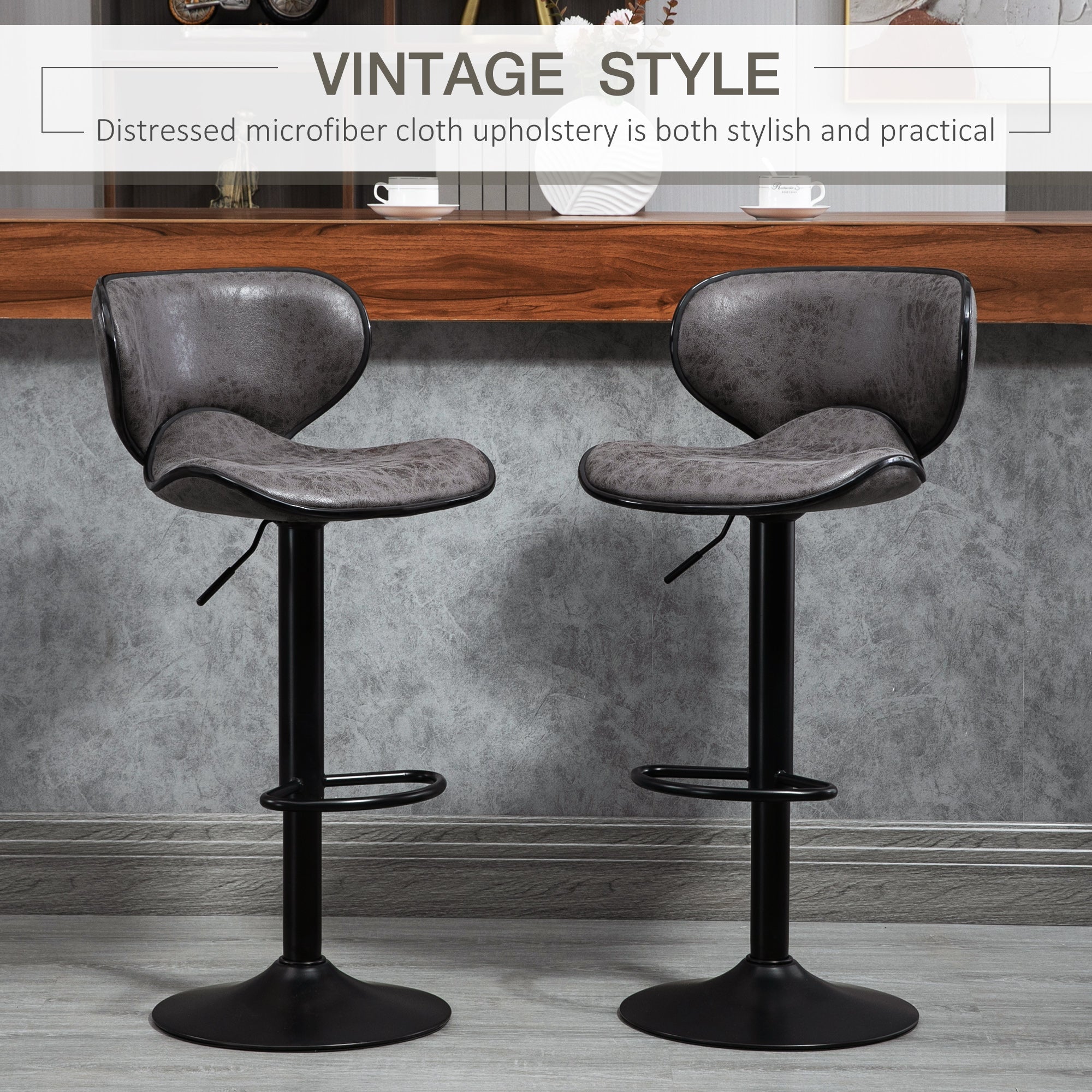 Bar Stool Set of 2 Microfiber Cloth Adjustable Height Armless Chairs with Swivel Seat, Dark Grey-3