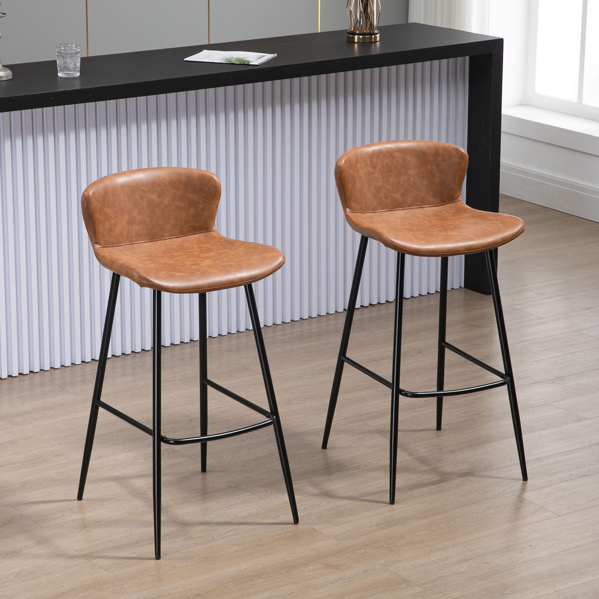 Vintage PU Leather Bar Stools Set of 2 with Steel Legs - Brown-1