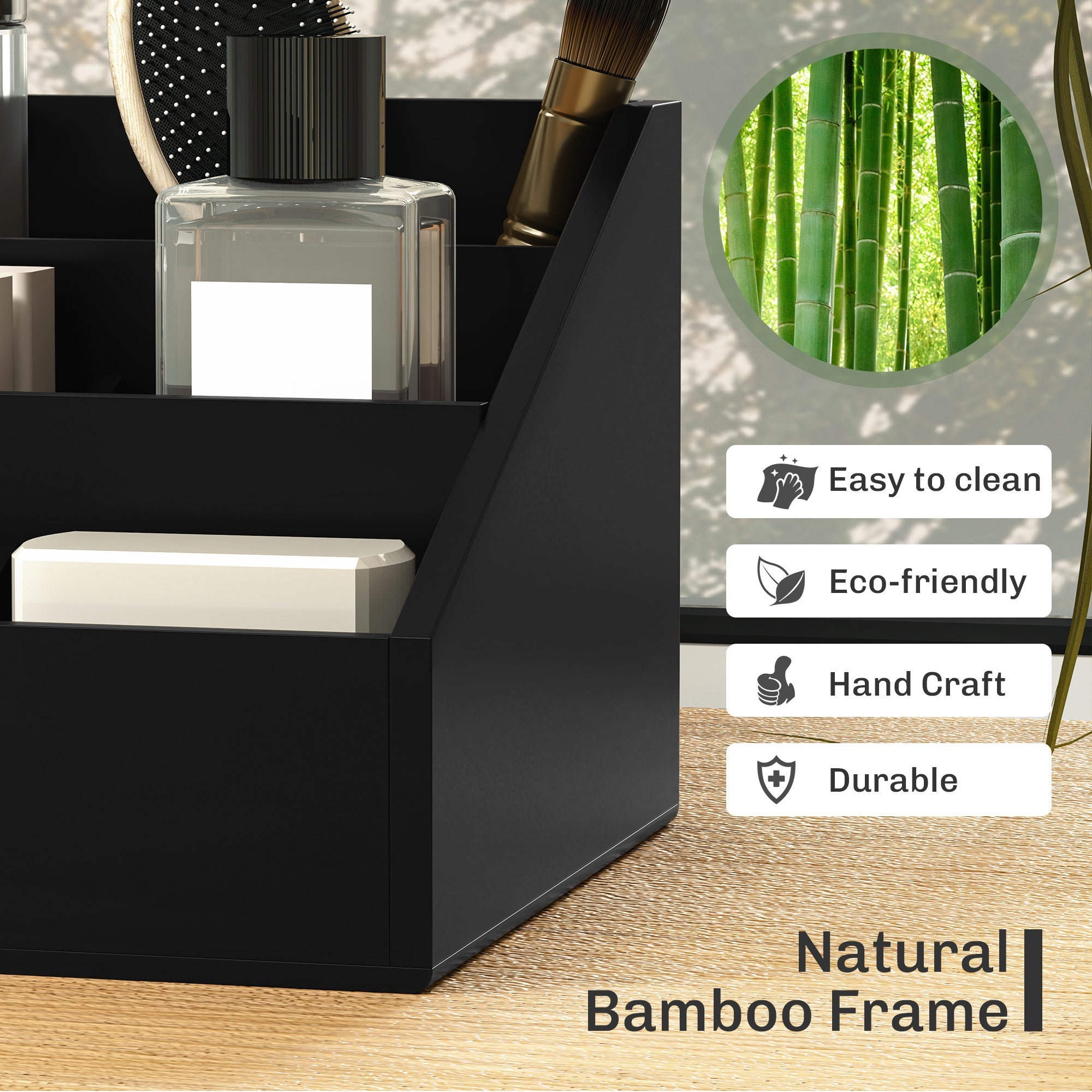 Desk Organiser Holder, Bamboo Multi-Function Storage Caddy with 7 Storage Compartments and 2 Drawers for Home Office Stationary Supplies, Black-4