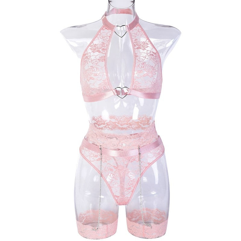 Pink Chain Lace Fashion Girl Sexy Lingerie Set