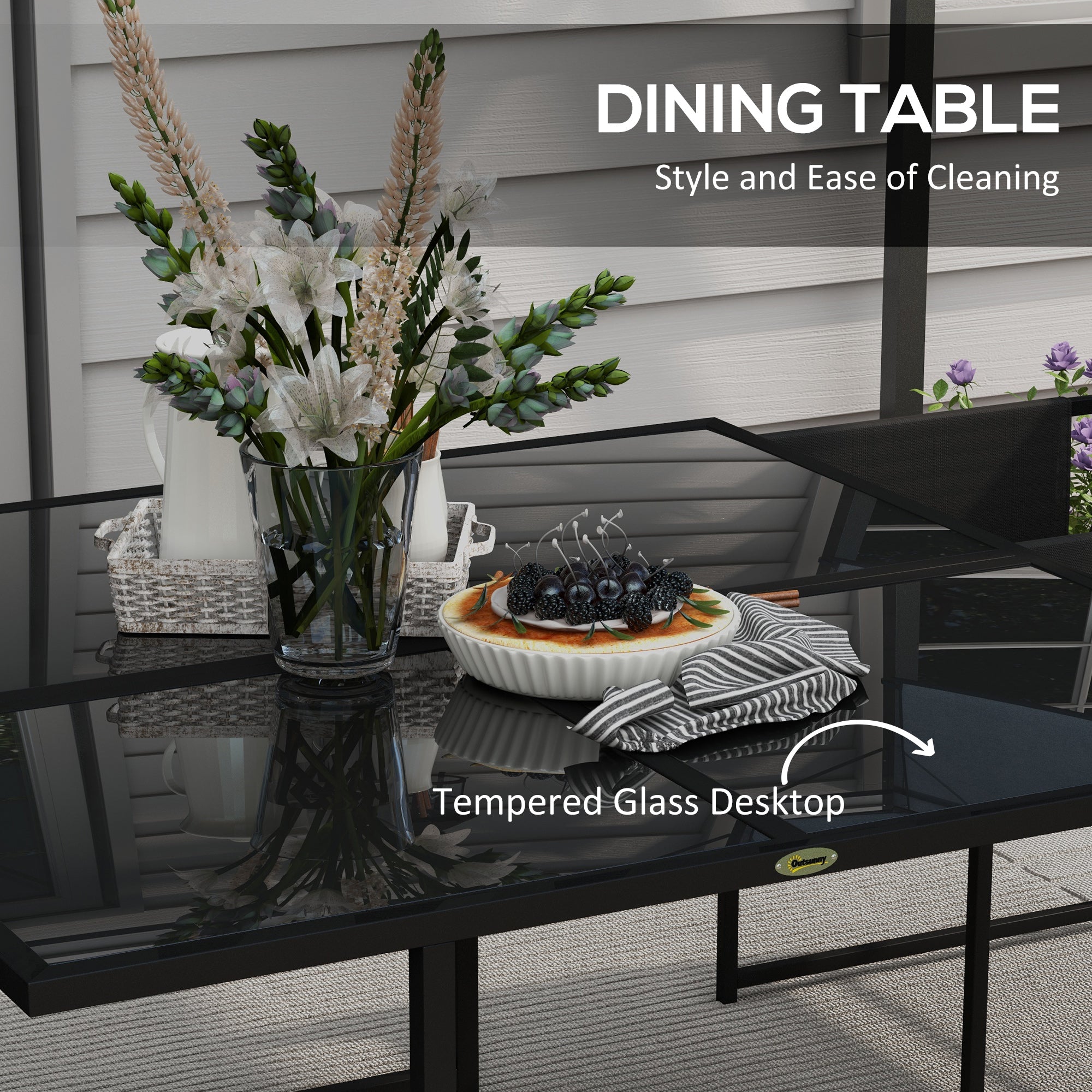 5 Piece Garden Dining Set with Breathable Mesh Seat, Adjustable Backrest, Tempered Glass Table Top for Patio, Black-4