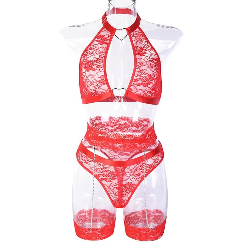Red Chain Lace Fashion Girl Sexy Lingerie Set
