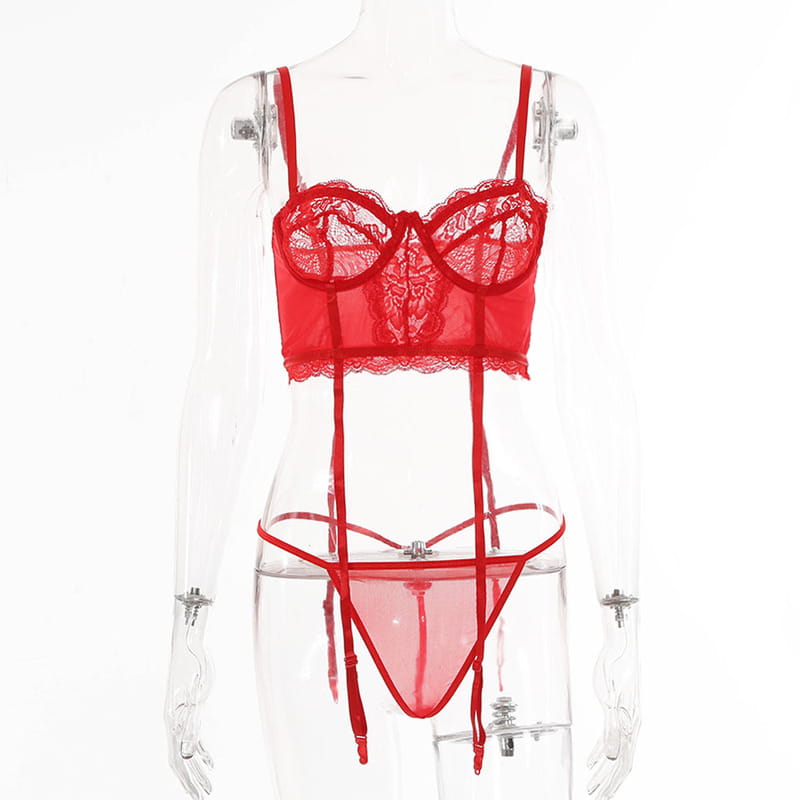 Red Simple Lace Hollow Out Sexy Lingerie Set Front View