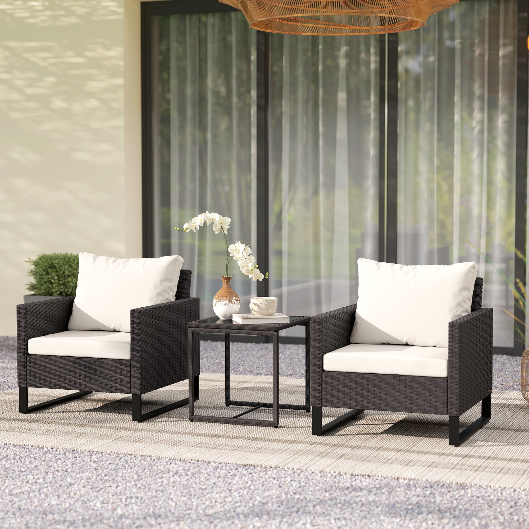 3 Piece Rattan Bistro Set with Cushions and Glass Table - Brown-1