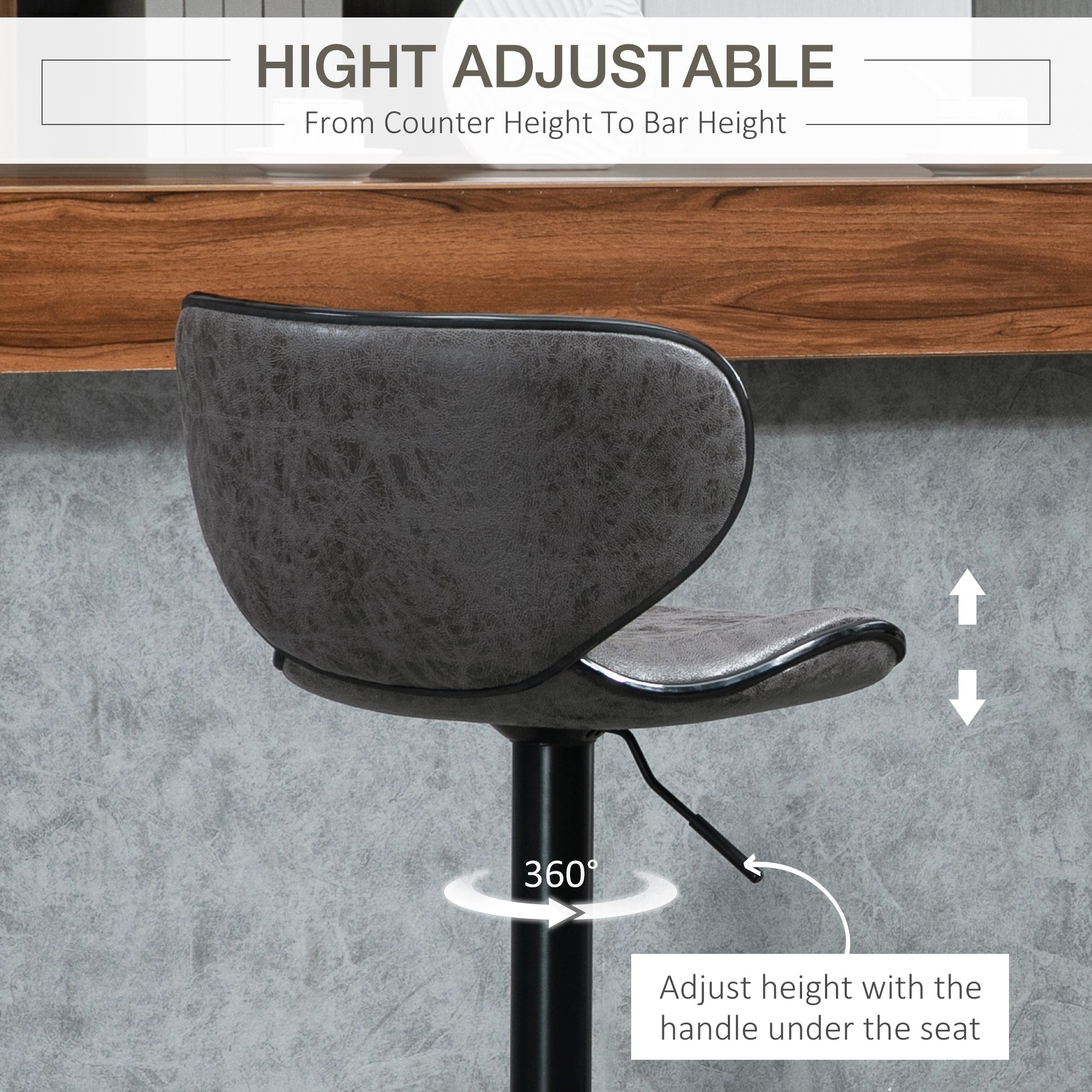 Bar Stool Set of 2 Microfiber Cloth Adjustable Height Armless Chairs with Swivel Seat, Dark Grey-4