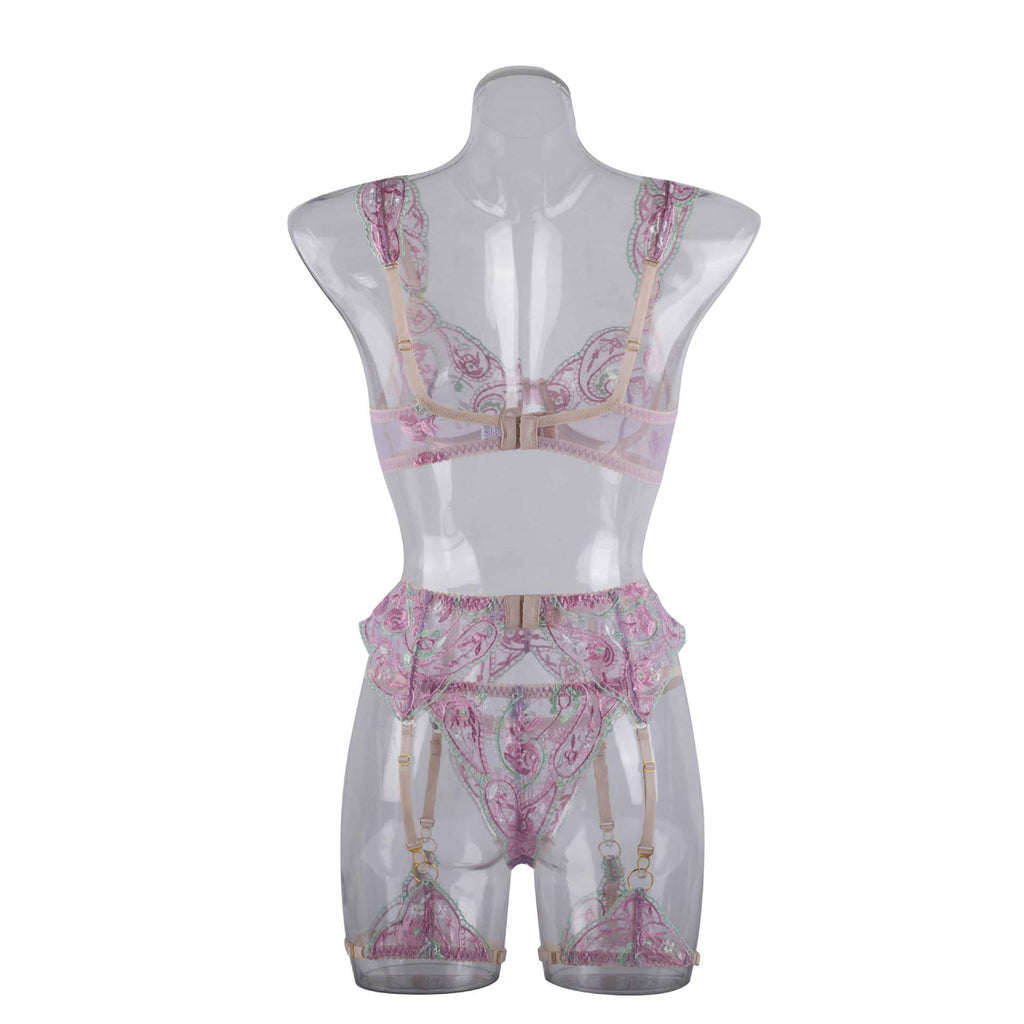 Sheer Mesh Sexy Lingerie Bra Set with Embroidered Flowers-13