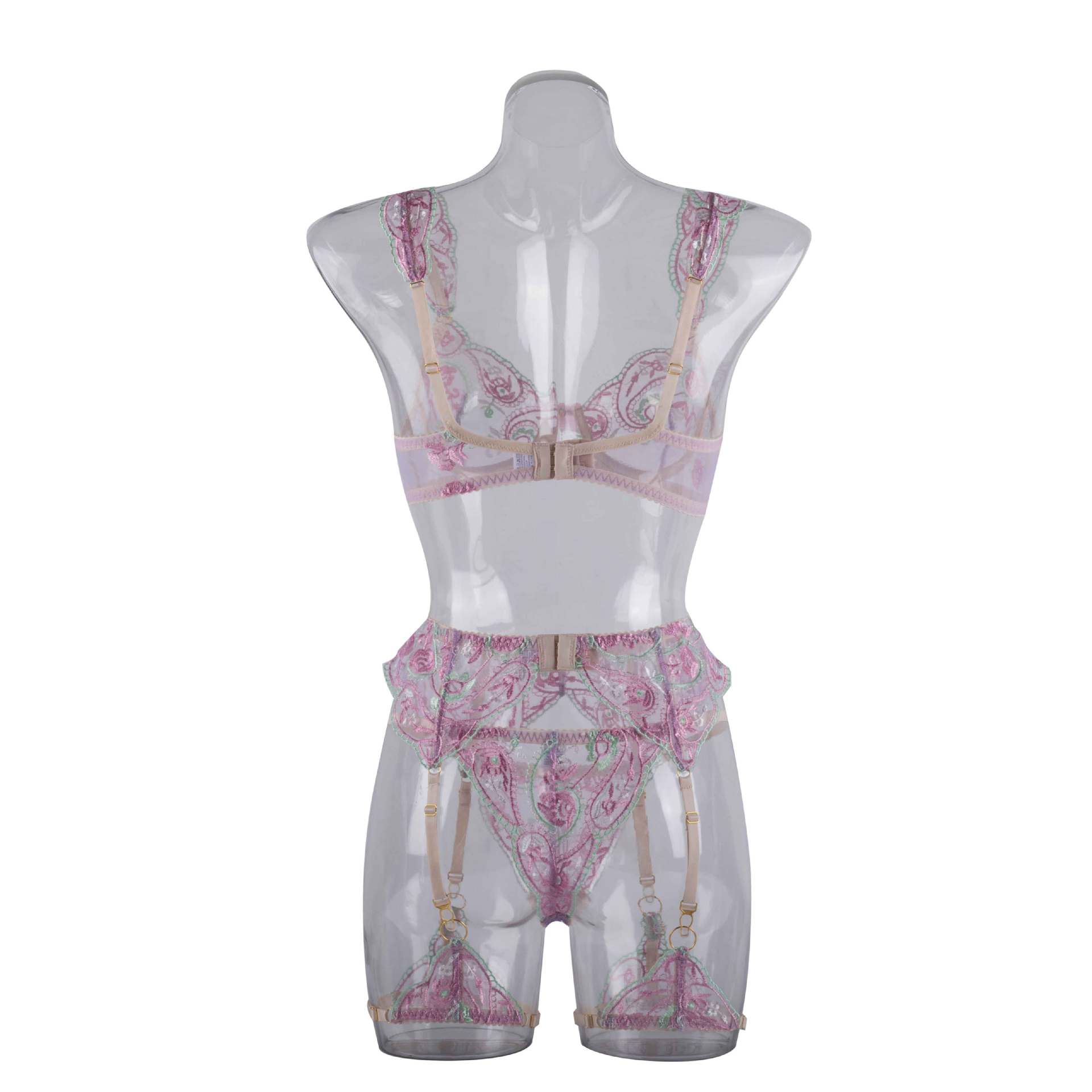 Sheer Mesh Sexy Lingerie Bra Set with Embroidered Flowers-13