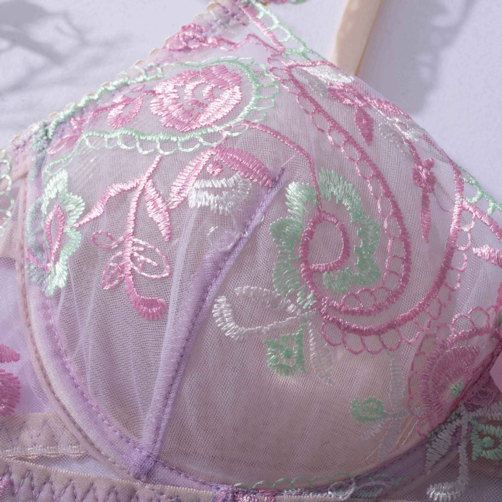 Sheer Mesh Sexy Lingerie Bra Set with Embroidered Flowers Strapy Details