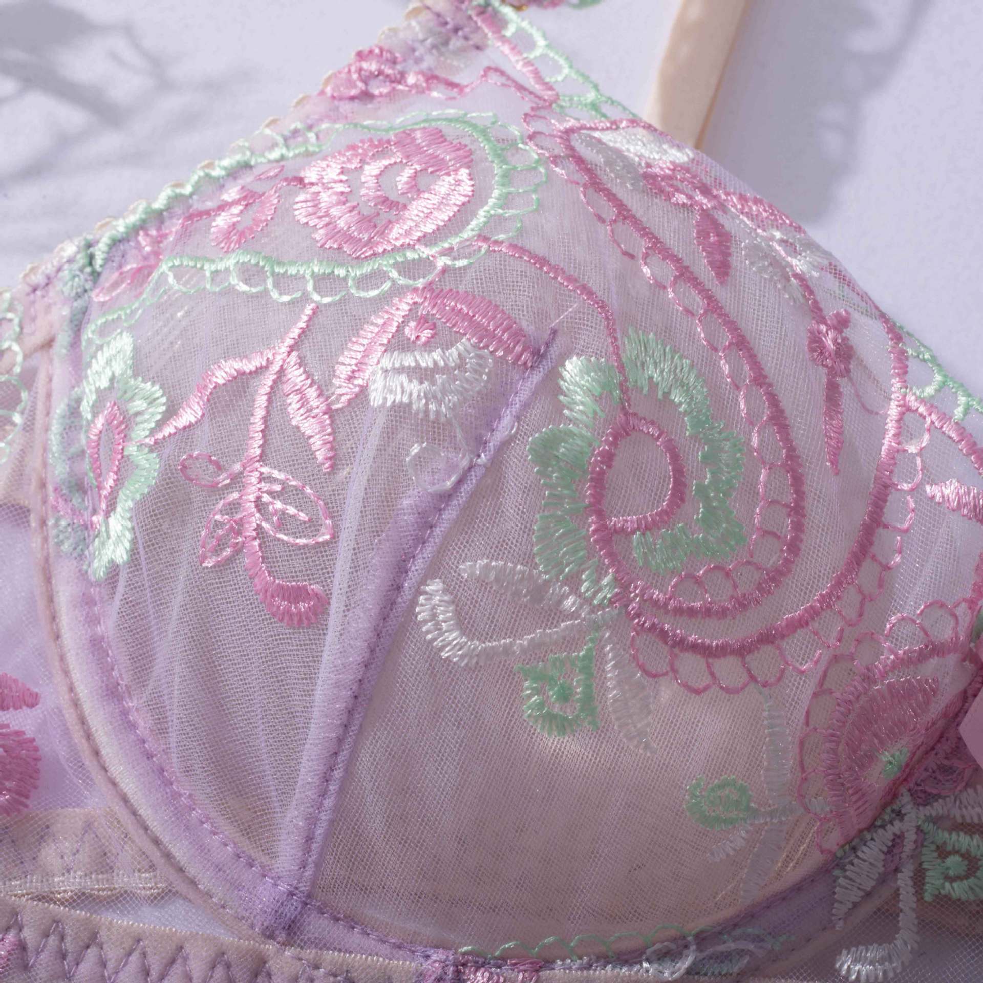 Sheer Mesh Sexy Lingerie Bra Set with Embroidered Flowers Strapy Details