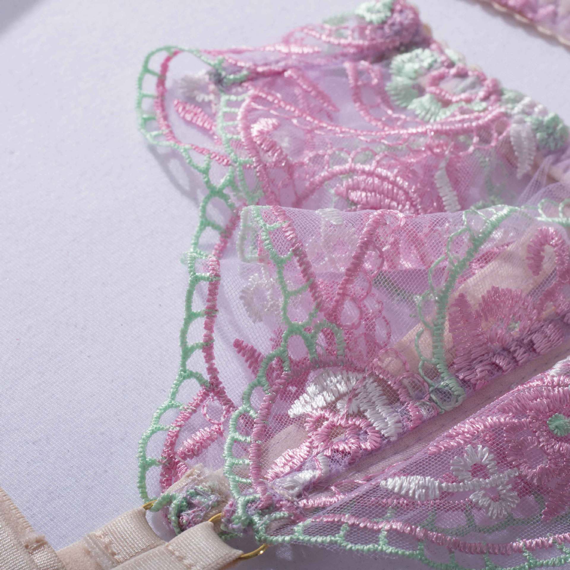 Sheer Mesh Sexy Lingerie Bra Set with Embroidered Flowers-9