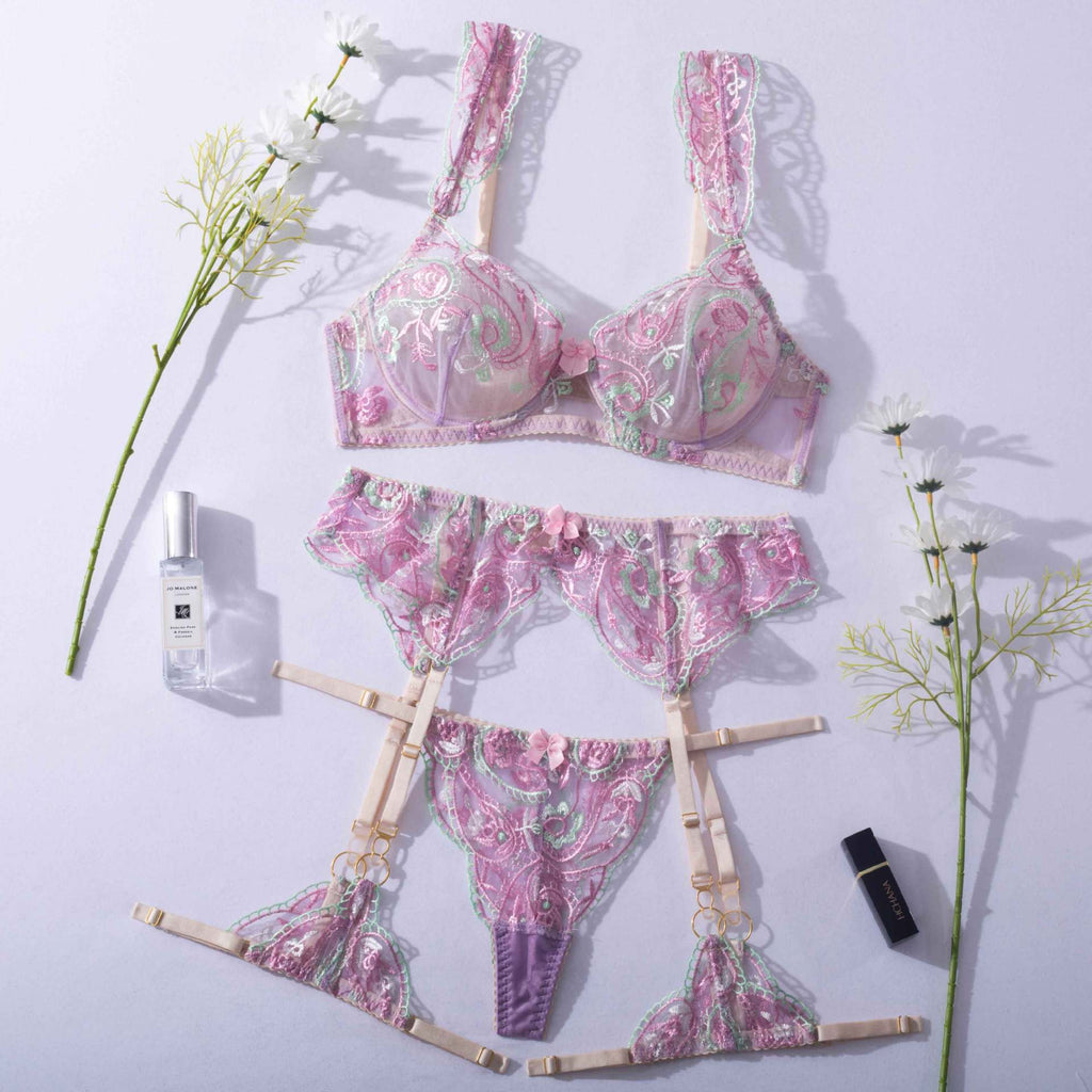 Sheer Mesh Sexy Lingerie Bra Set with Embroidered Flowers Model Front Display