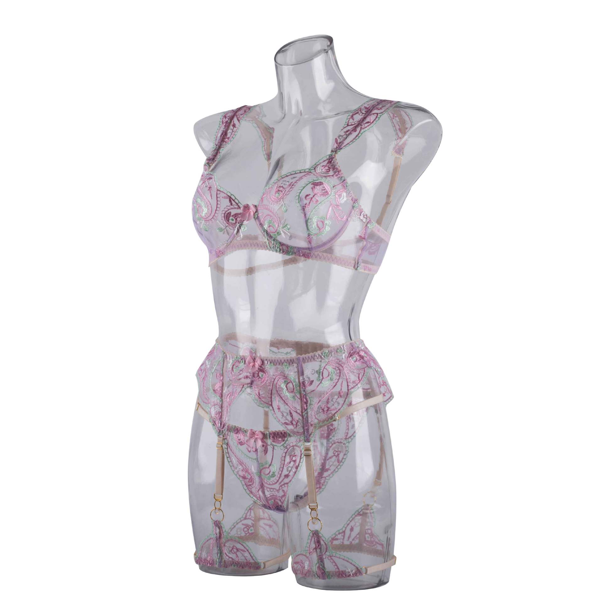 Sheer Mesh Sexy Lingerie Bra Set with Embroidered Flowers-12