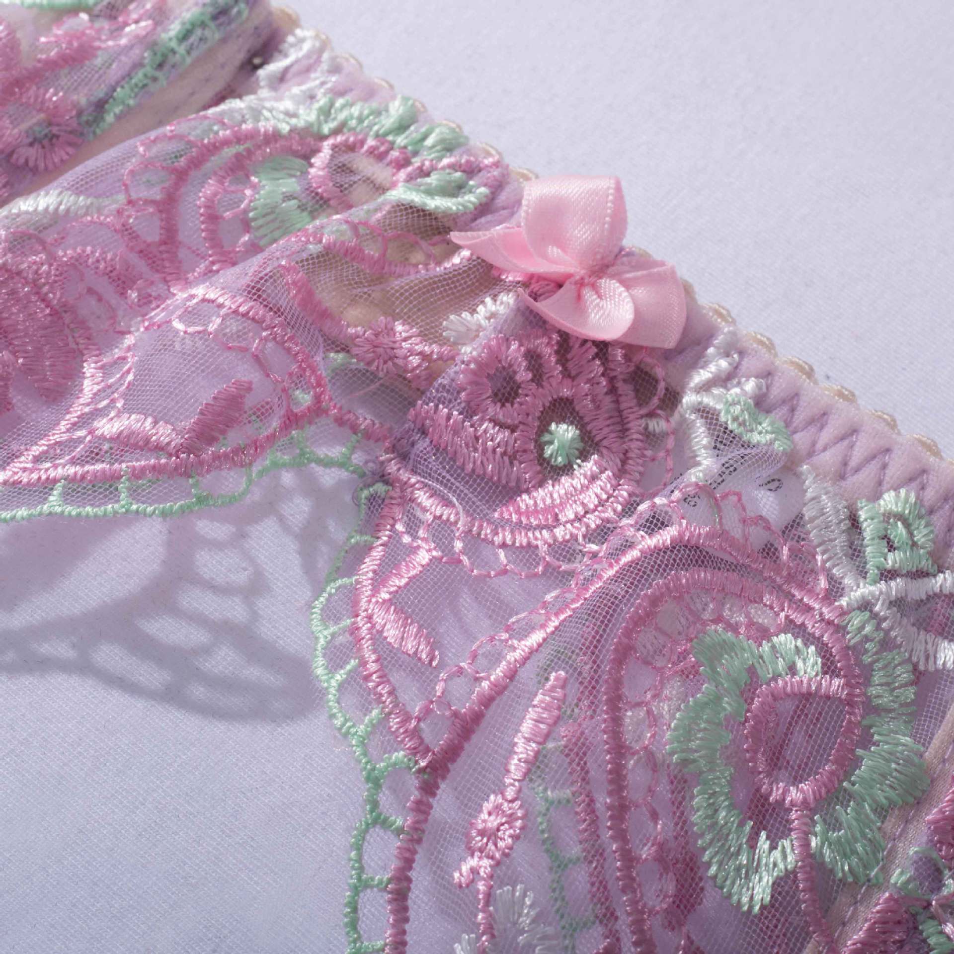 Sheer Mesh Sexy Lingerie Bra Set with Embroidered Flowers-8
