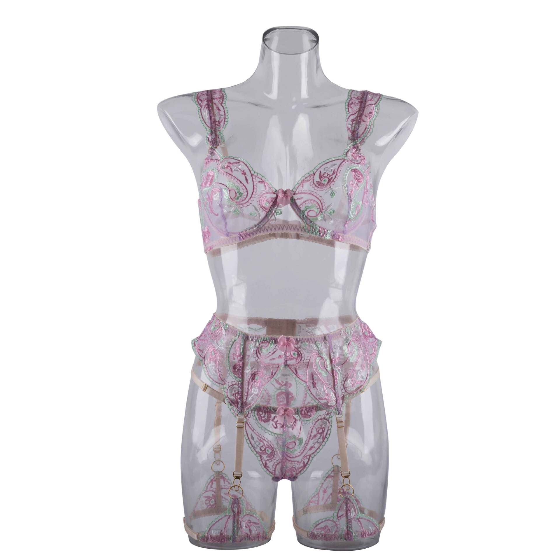 Sheer Mesh Sexy Lingerie Bra Set with Embroidered Flowers-11